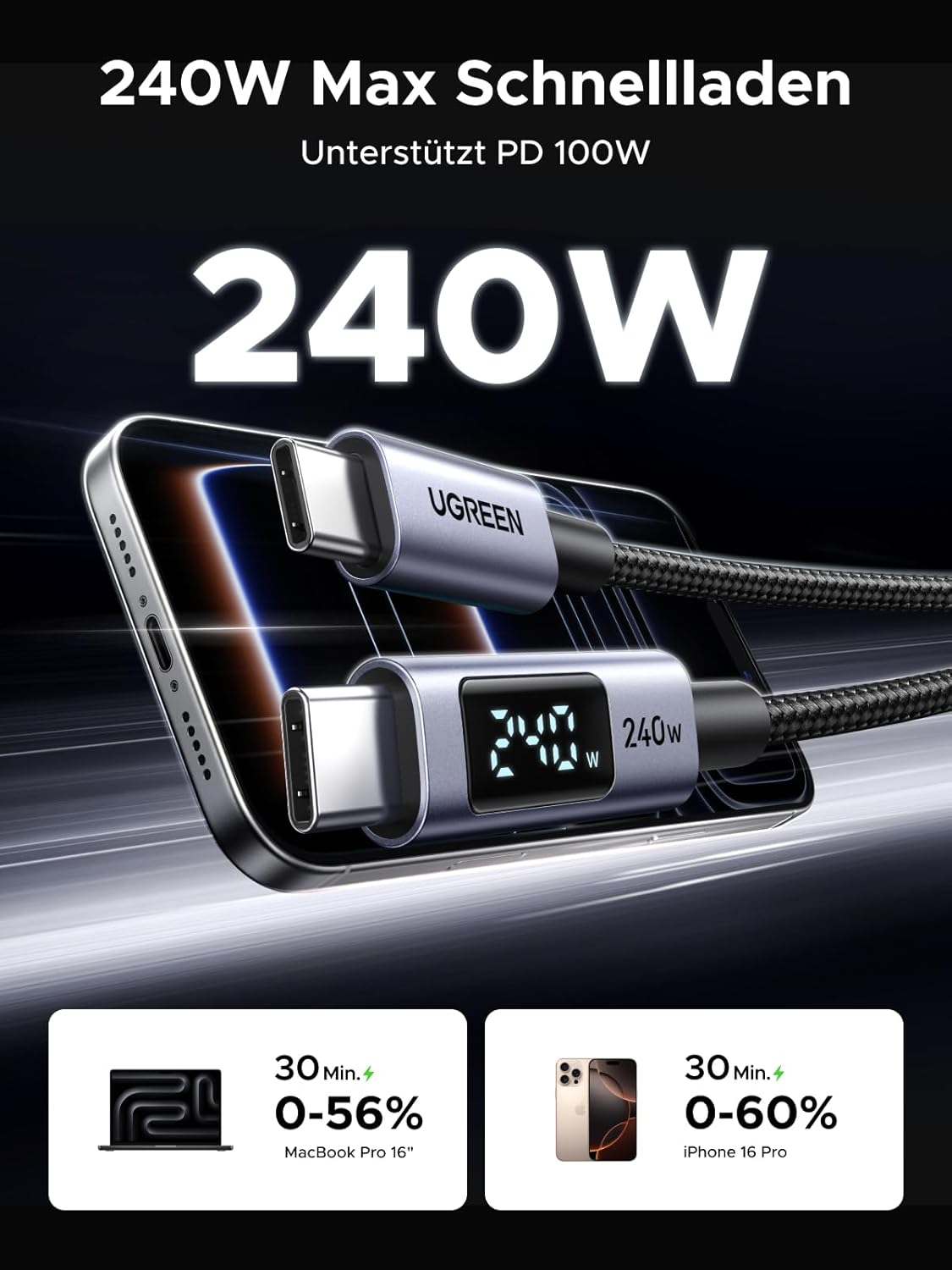 Thumbnail 1 de UGREEN 240W USB-C Kabel mit Display 2 m