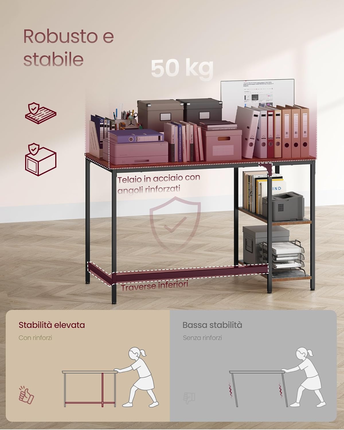 Thumbnail 5 de VASAGLE LWD47X scrivania per computer con 2 ripiani laterali (sinistra o destra), struttura in acciaio marrone vintage e nero