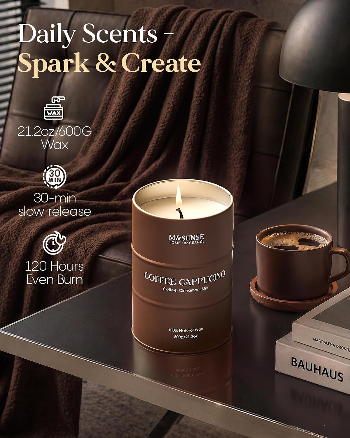 Detalle 2 de M&SENSE MSTC0243L CoffeeCappuccino Soy Candle, 21.2 oz Tin