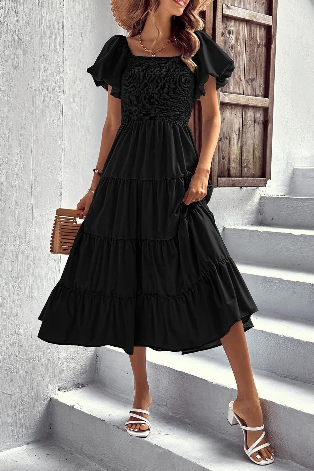 Thumbnail 5 de PRETTYGARDEN Women's Casual Summer Midi Dress: Puff Sleeve, Square Neck, and Tiered Ruffle Charm