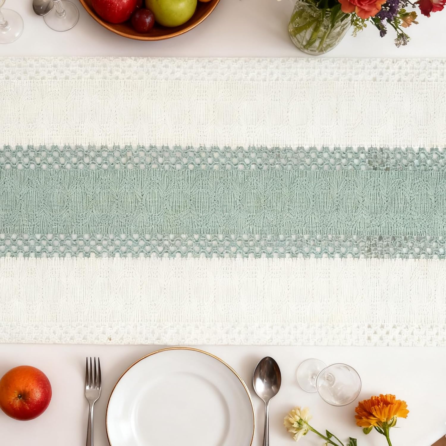 Thumbnail 2 de Tischläufer Grün Boho Eukalyptus – 30 × 140 cm, handgewebt mit Spitze, waschbar