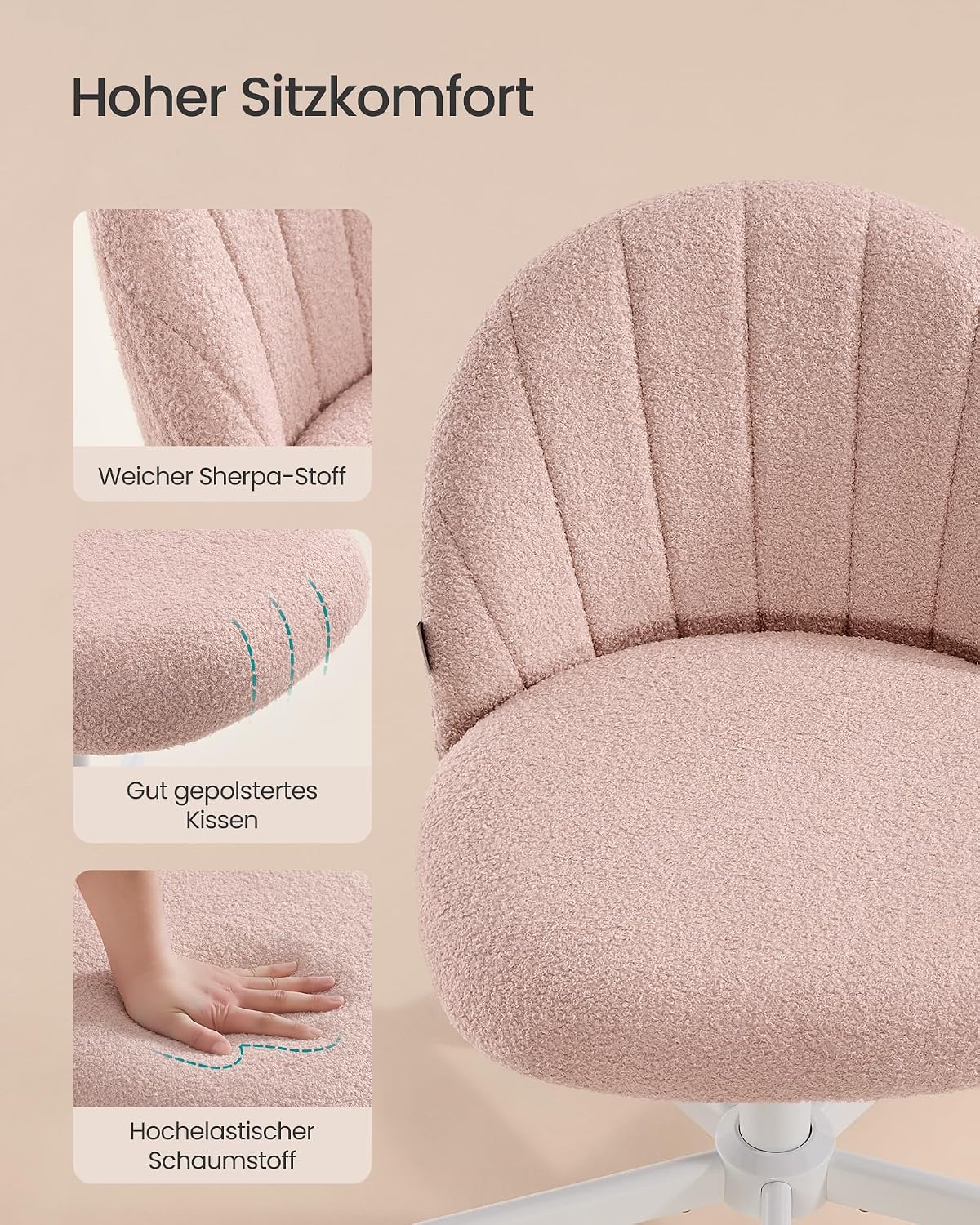 Detalle 2 de SONGMICS Schminkstuhl OBG027SA01 – Homeoffice-Stuhl aus Fleece, höhenverstellbar, pastelrosa