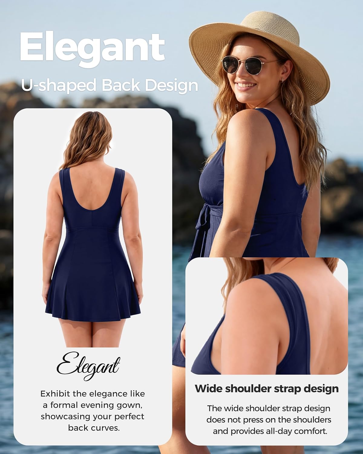 Detalle de Wantdo Women's Plus Size Swimwear One Piece Tummy Control Swimdress — Skirted Swimsuit