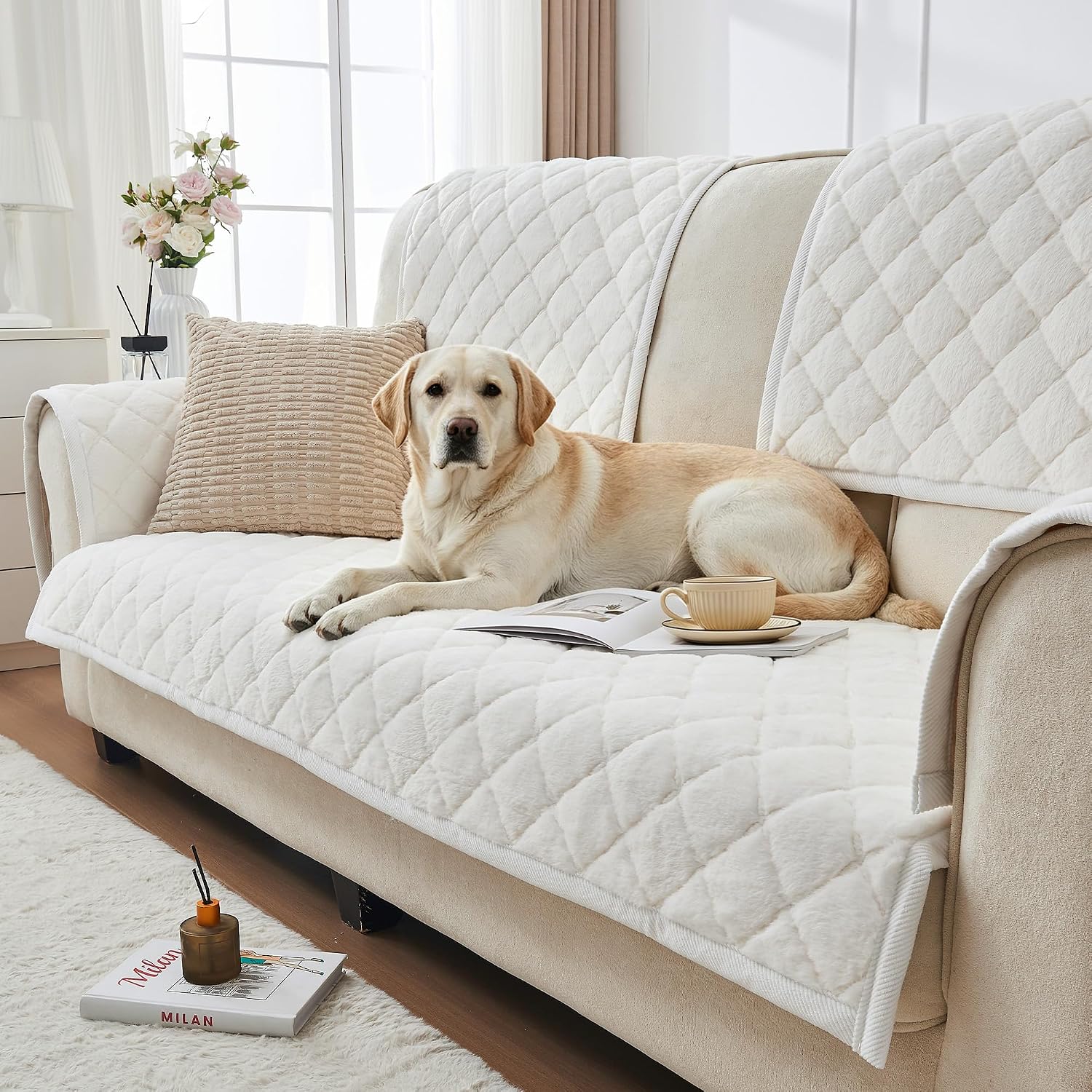 Detalle de beeweed Sofa Cushion Covers Sofa Cover, Beige Faux Mink Velvet, Washable