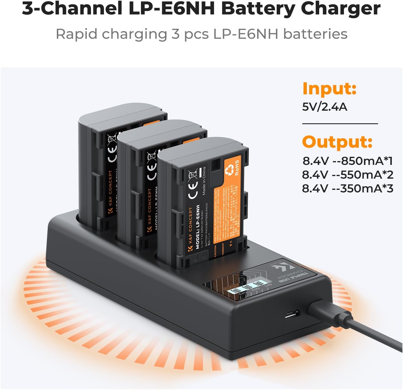 Thumbnail 3 de K&F CONCEPT 3‑Slot Ladegerät für Canon LP‑E6NH/LP‑E6N/LP‑E6 mit LCD (für EOS R5/R6/R7, u. a.)