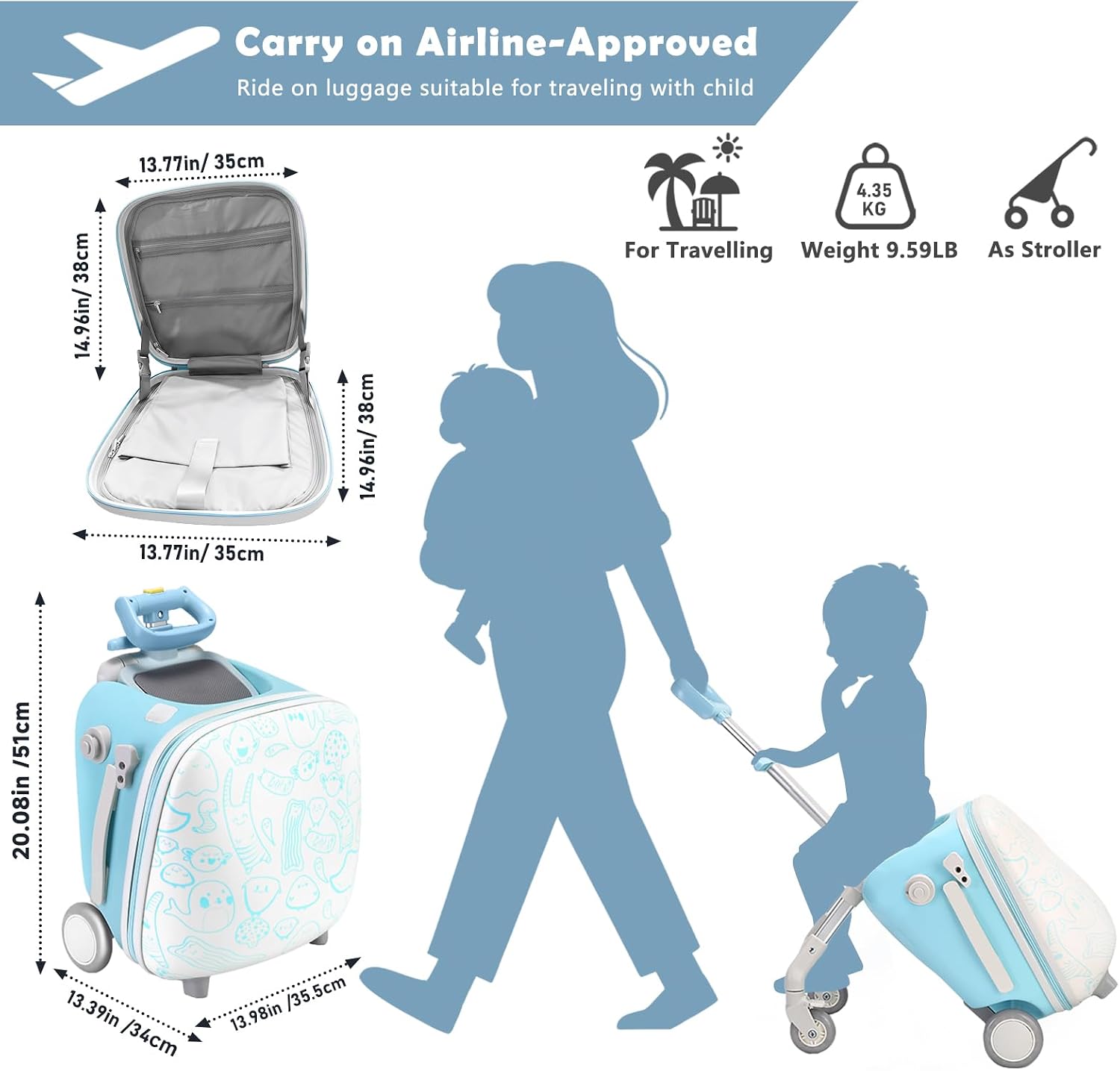 Detalle de AODI Kids Ride-on Luggage with Seat and 20-Inch Carry-On — 2-in-1 Luggage & Stroller