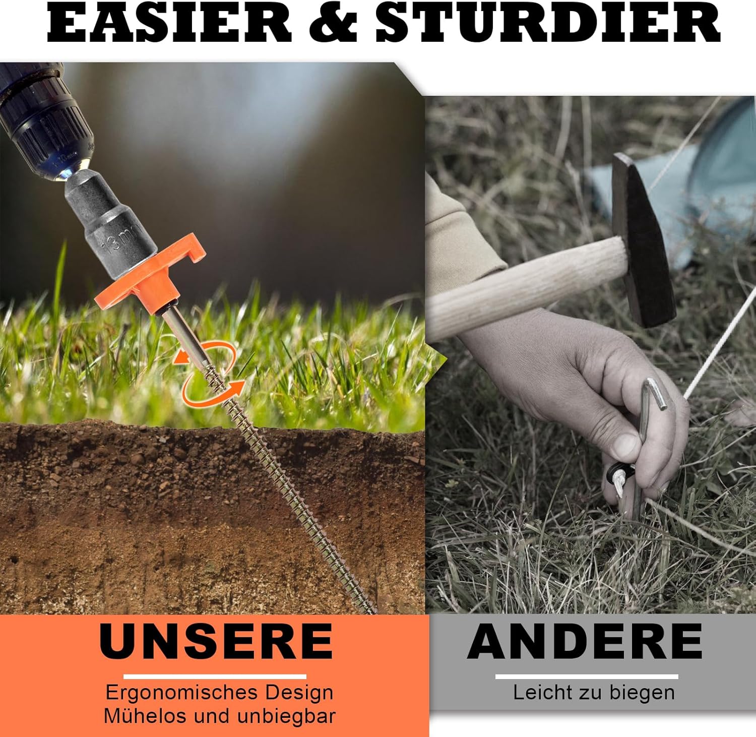 Thumbnail 2 de DHGKVK 12x Zeltheringe mit Gewinde – Drehbare Zeltheringe, inkl. Adapter für Akkuschrauber (Orange, 12 Stück)