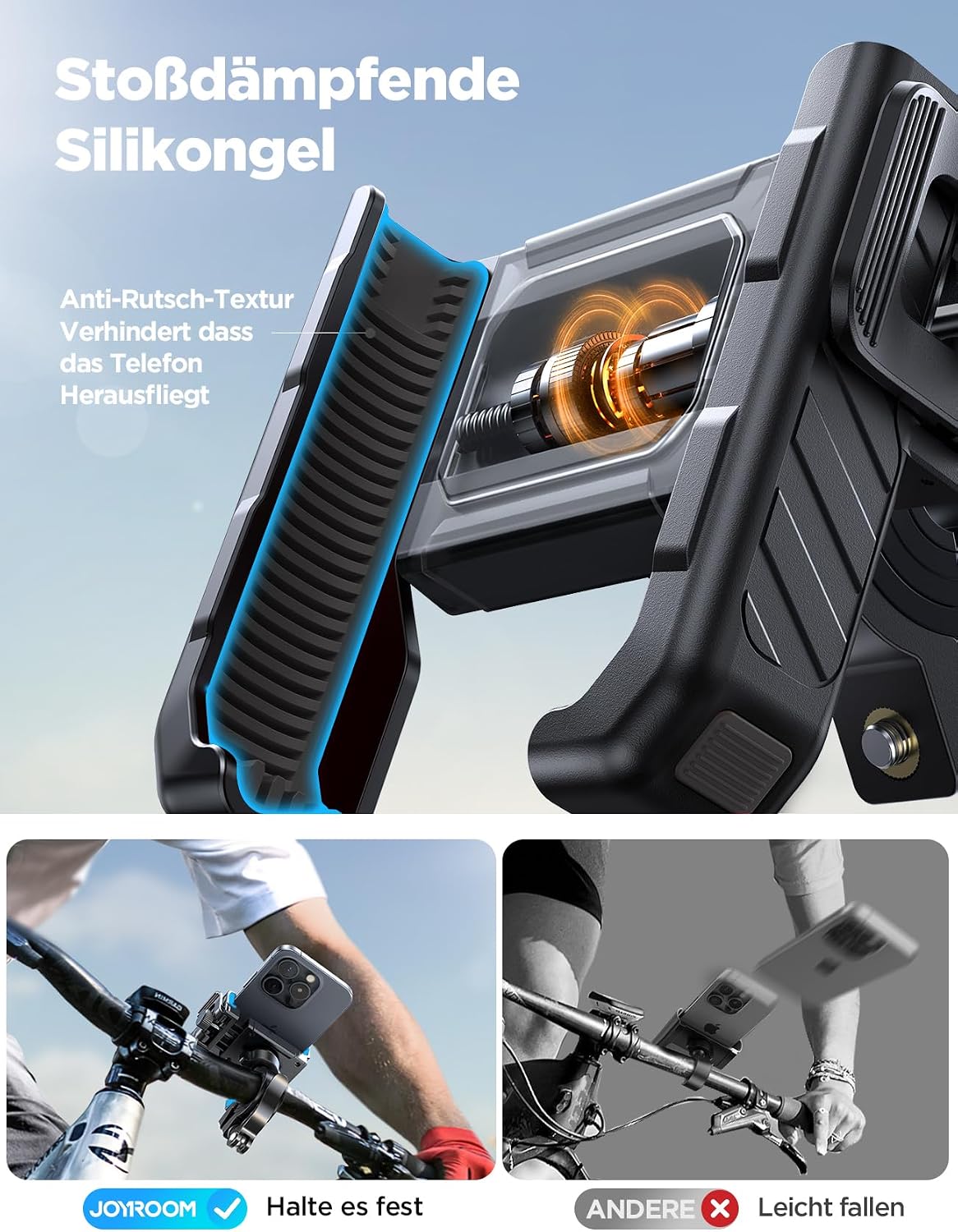 Detalle de JOYROOM 2026 Fahrrad-Handyhalterung mit Anti-Shake, 1S Schnellverschluss & 360° Gelenk (4,7–7,0 Zoll) – Schwarz