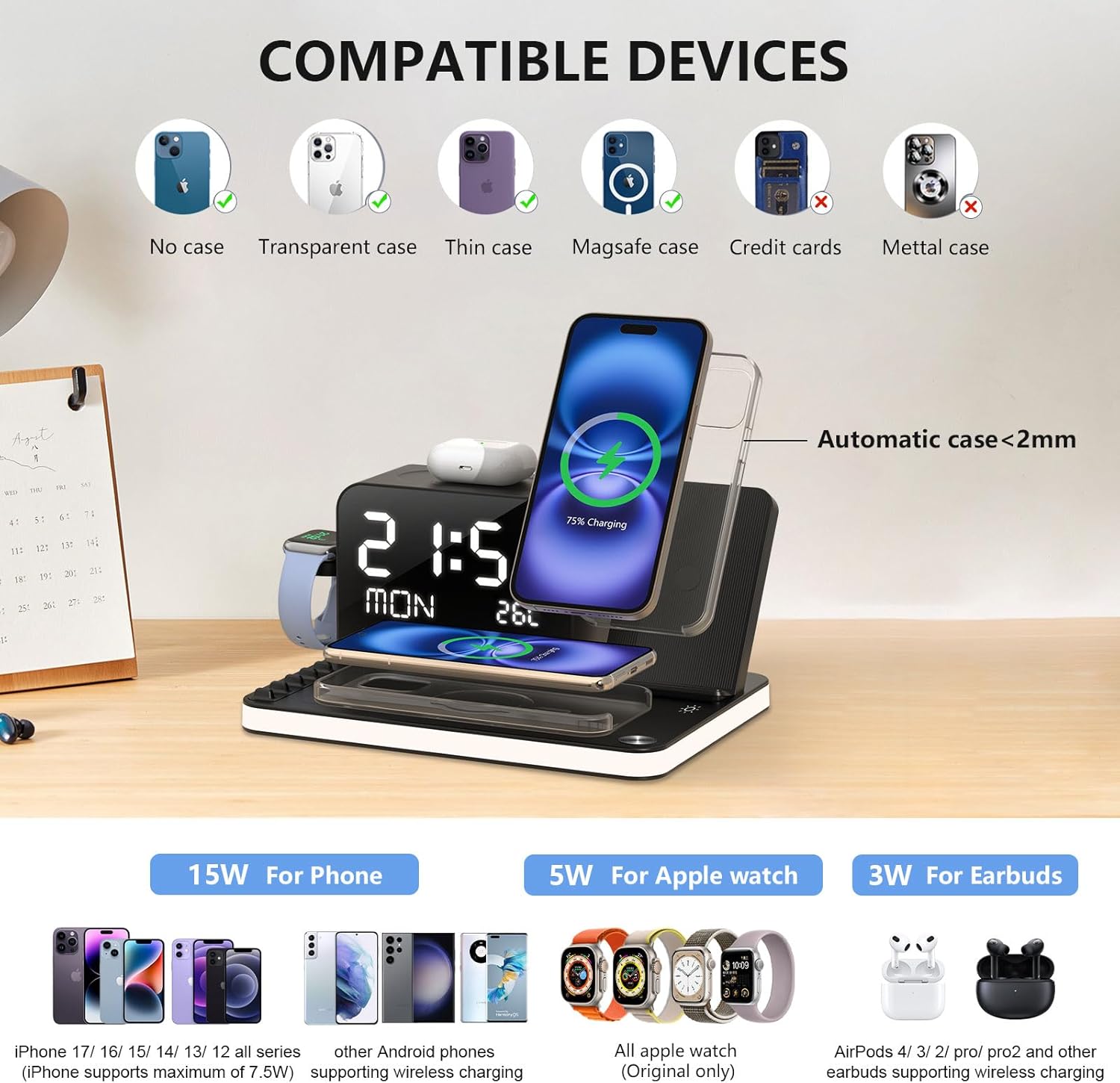 Detalle 2 de Caricabatterie wireless 7 in 1 con orologio e luce notturna: ricarica rapida per iPhone, AirPods, Apple Watch e altro