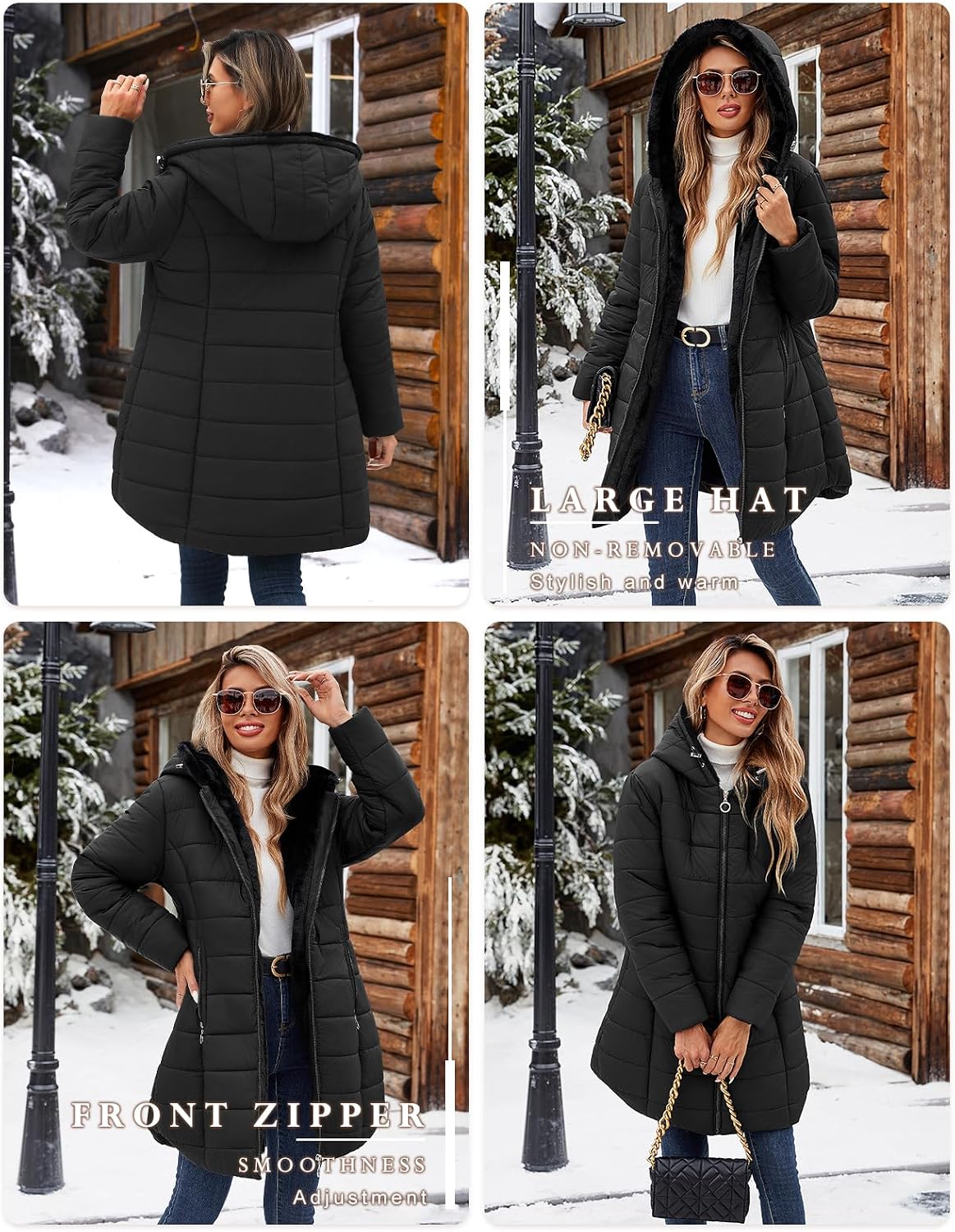Detalle 1 de VXVGER Women's Long Fleece-Lined Hooded Coat, Wind-Resistant with Pockets