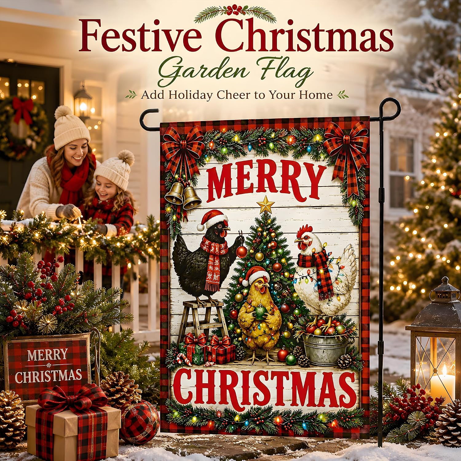 Detalle 1 de OHOME Farmhouse Chickens Merry Christmas Garden Flag, Double-Sided Polyester