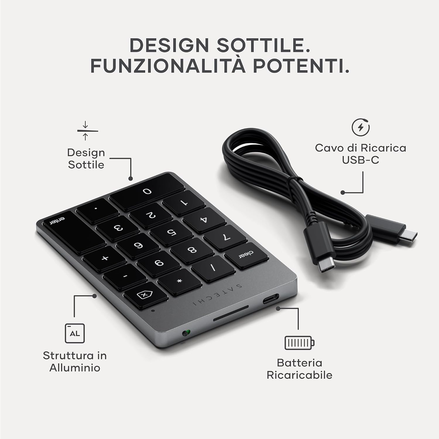 Detalle de Satechi Tastierino Numerico Wireless Slim in alluminio con 18 tasti, Bluetooth e ricarica USB-C (layout US) – grigio