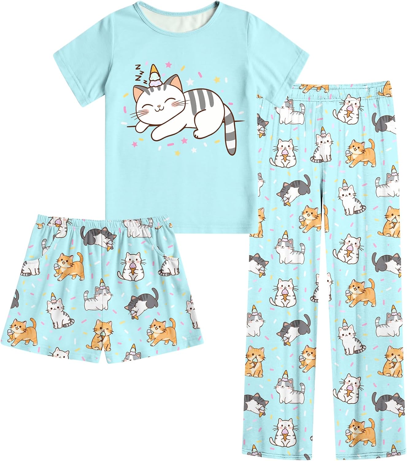 Detalle de Kinberr Girls’ 3-Piece 3D-Print Pajama Set, Snug Fit, Ages 5–14Y
