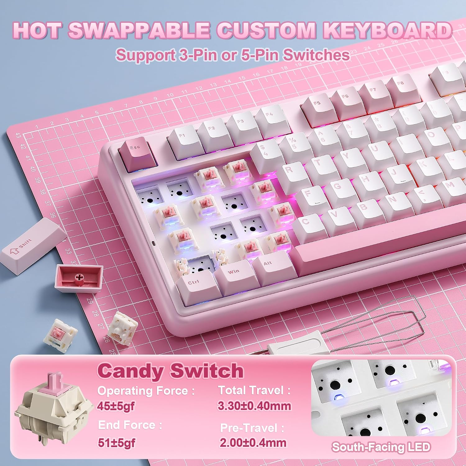 Detalle de YUNZII B98 PRO QMK/VIA Gaming-Tastatur – 96% Layout, Drahtlos, Katzenknopf, Candy Linear Switch, Rosa