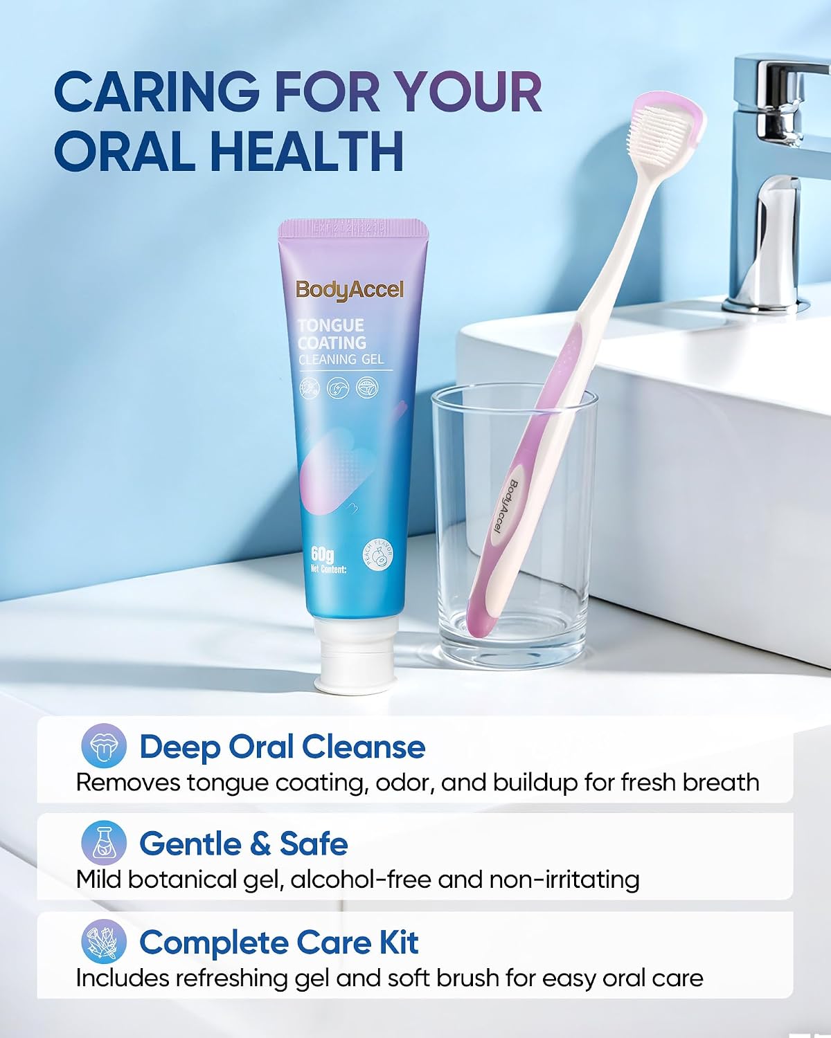 Detalle 2 de BodyAccel Tongue Cleaner Gel with Tongue Brush – Fresh Breath Oral Care Kit