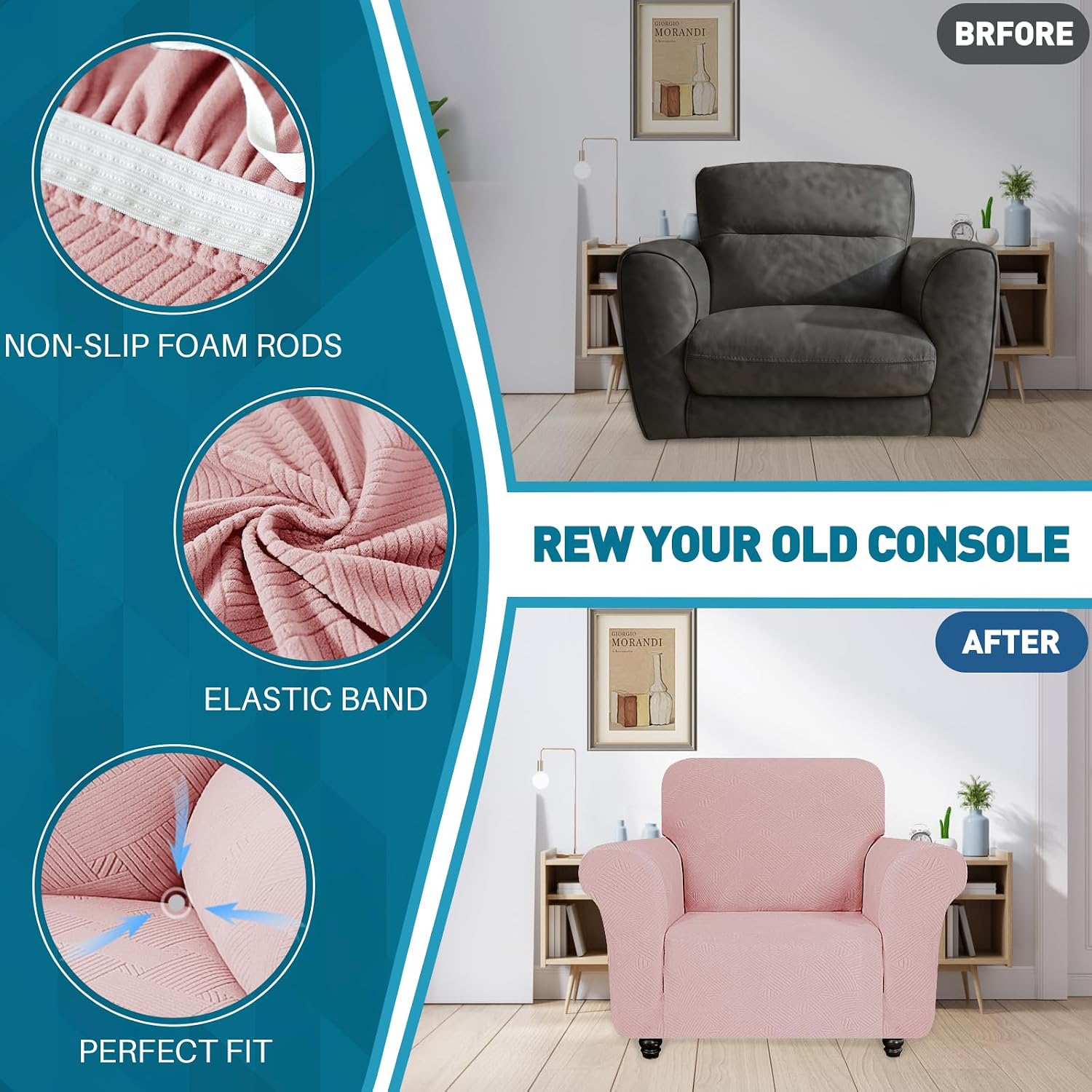 Detalle de YSTELLAA Housse de fauteuil 1 place avec accoudoirs, motif géométrique rosé – antidérapante et extensible
