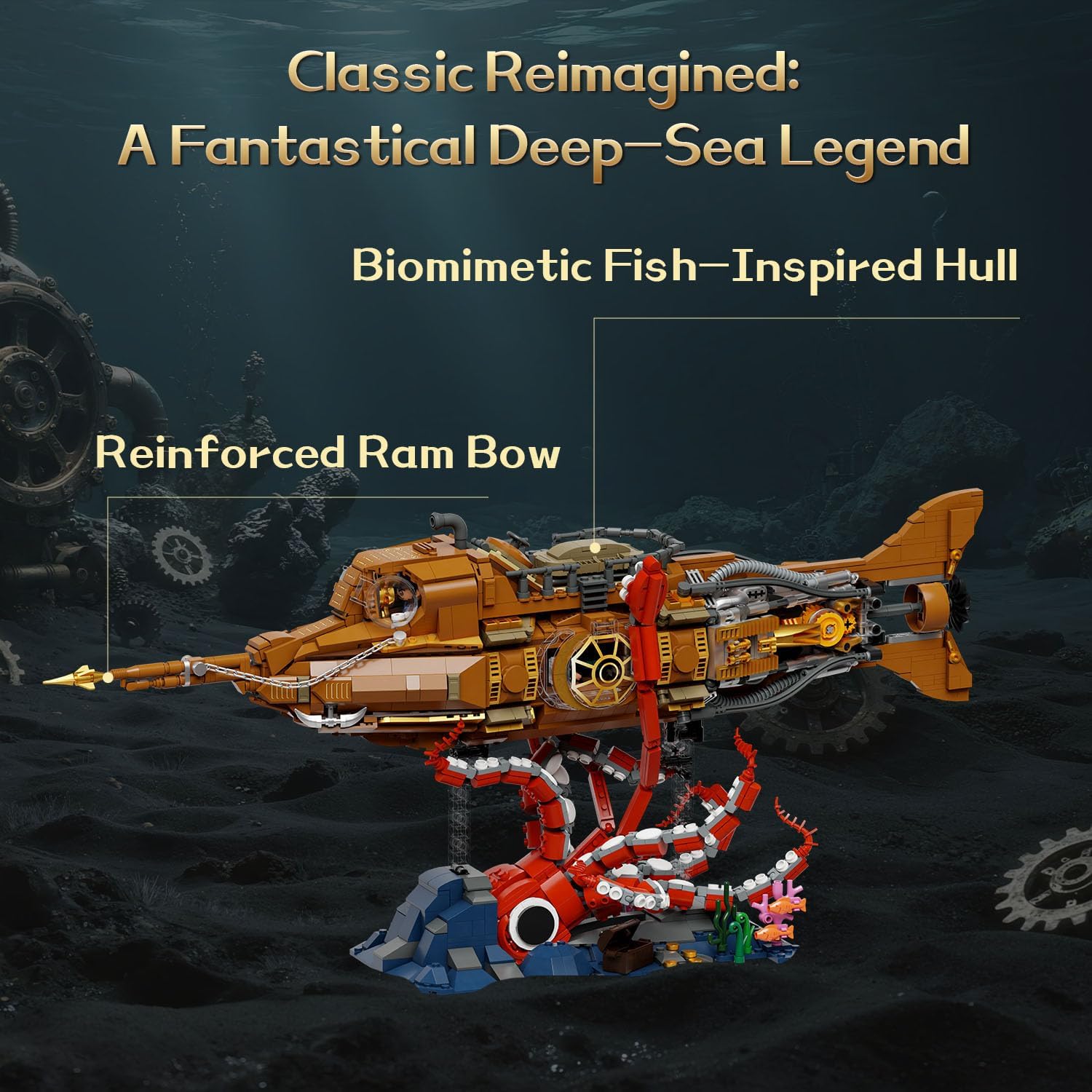Detalle de PANTASY Steampunk Nautilus U-Boot Klemmbausteine Set – Modulares 3-Sektionen-Design mit Zahnrad-Propeller