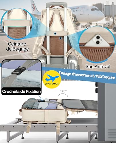 Detalle de LYNXCHER Sac à dos cabine 40x30x20 cm – anti-vol, 15,6 pouces, blanc cassé – idéal voyage et travail