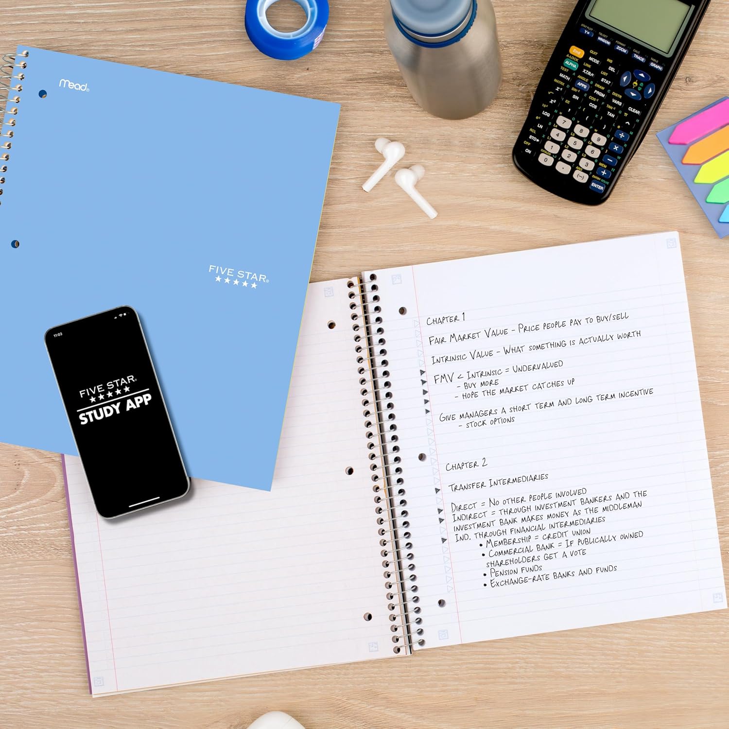 Detalle de Five Star Spiral Notebook + Study App, 3 Subject, 150 Sheets, Blue