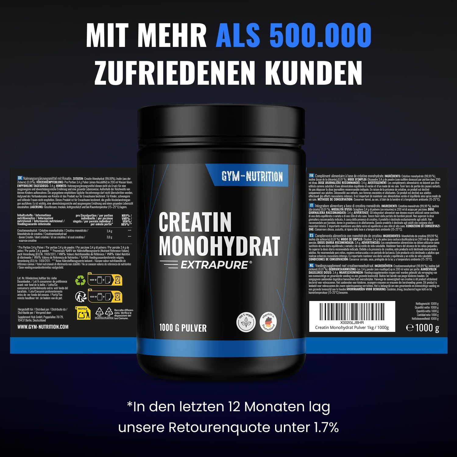 Detalle de Creatin Monohydrat Pulver – 1 kg von Gym Nutrition