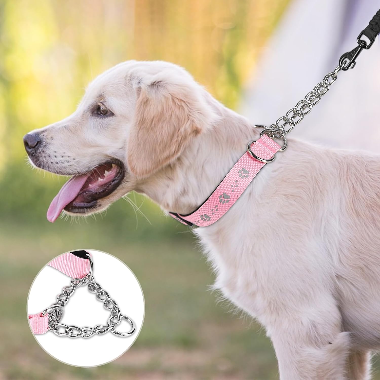 Detalle de TDTOK MT-01 Martingale Dog Collar, Reflective Pink Nylon, Steel Chain and Neoprene Padding