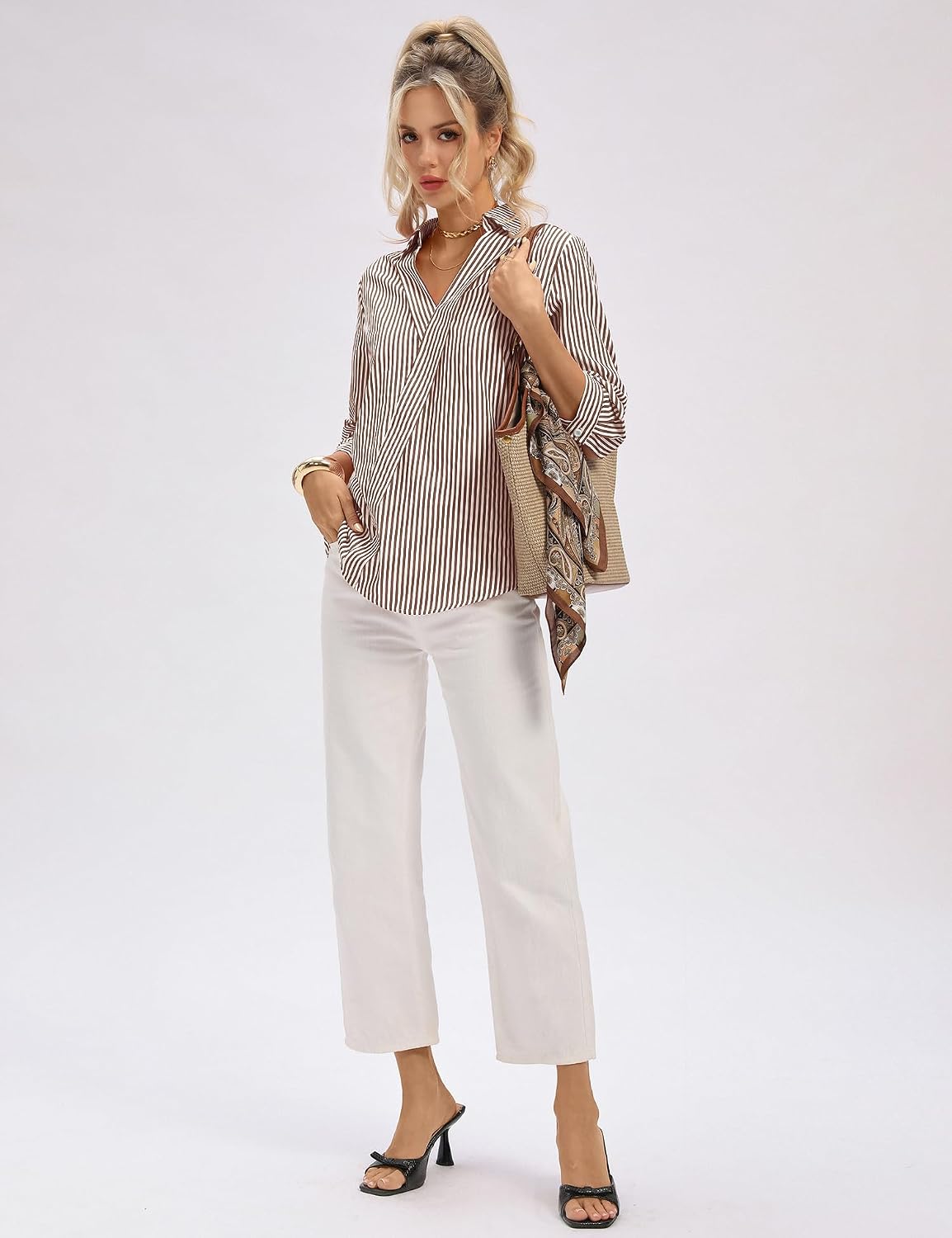Thumbnail 1 de LOMON 3/4 Length Sleeve Dressy V-Neck Collared Shirt for Women