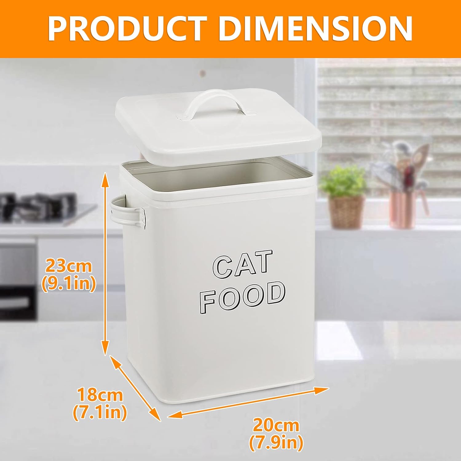 Detalle de Farmhouse cat food storage tin with lid & scoop (5 lb capacity) – vintage-style steel canister for dry food