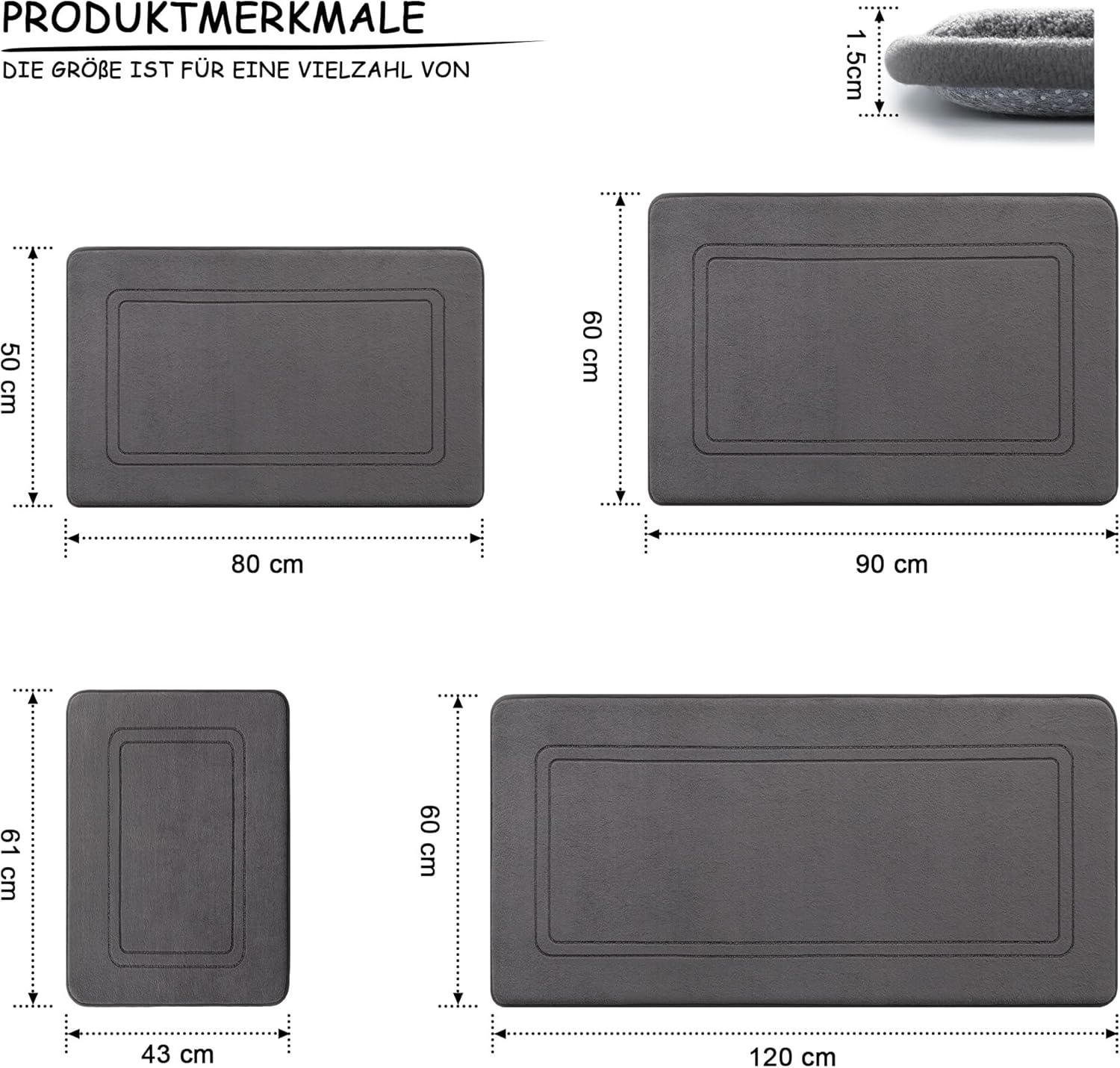 Detalle de chakme Badematte rutschfest – Dunkelgrau, 3-teiliges Badezimmerteppich-Set (43x61 cm, 51x81 cm, U-förmiger 51x61 cm) mit Memory-Schaum