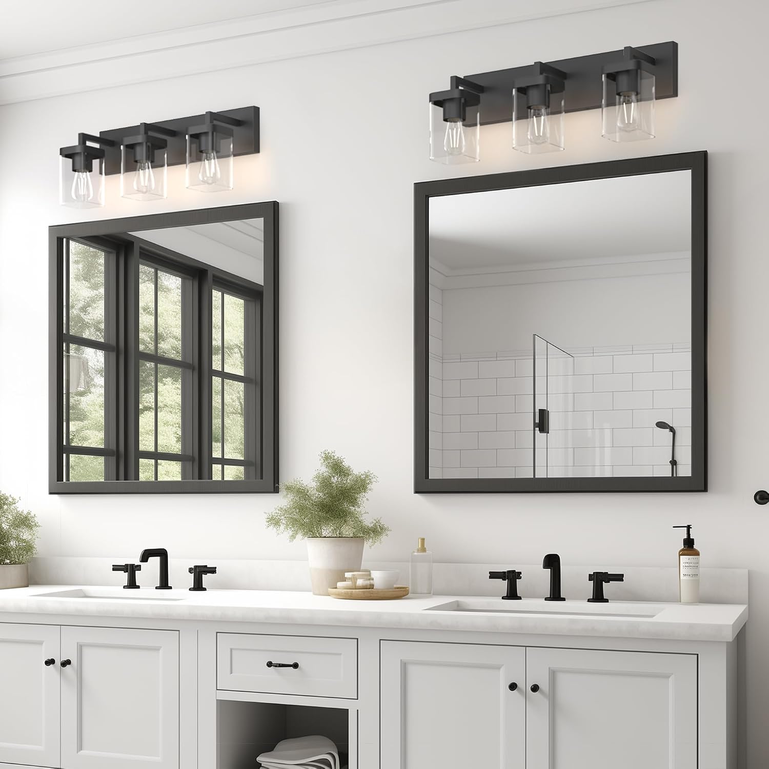Detalle de Danshinro 3-Light Bathroom Vanity Light, Black Metal with Glass Shades