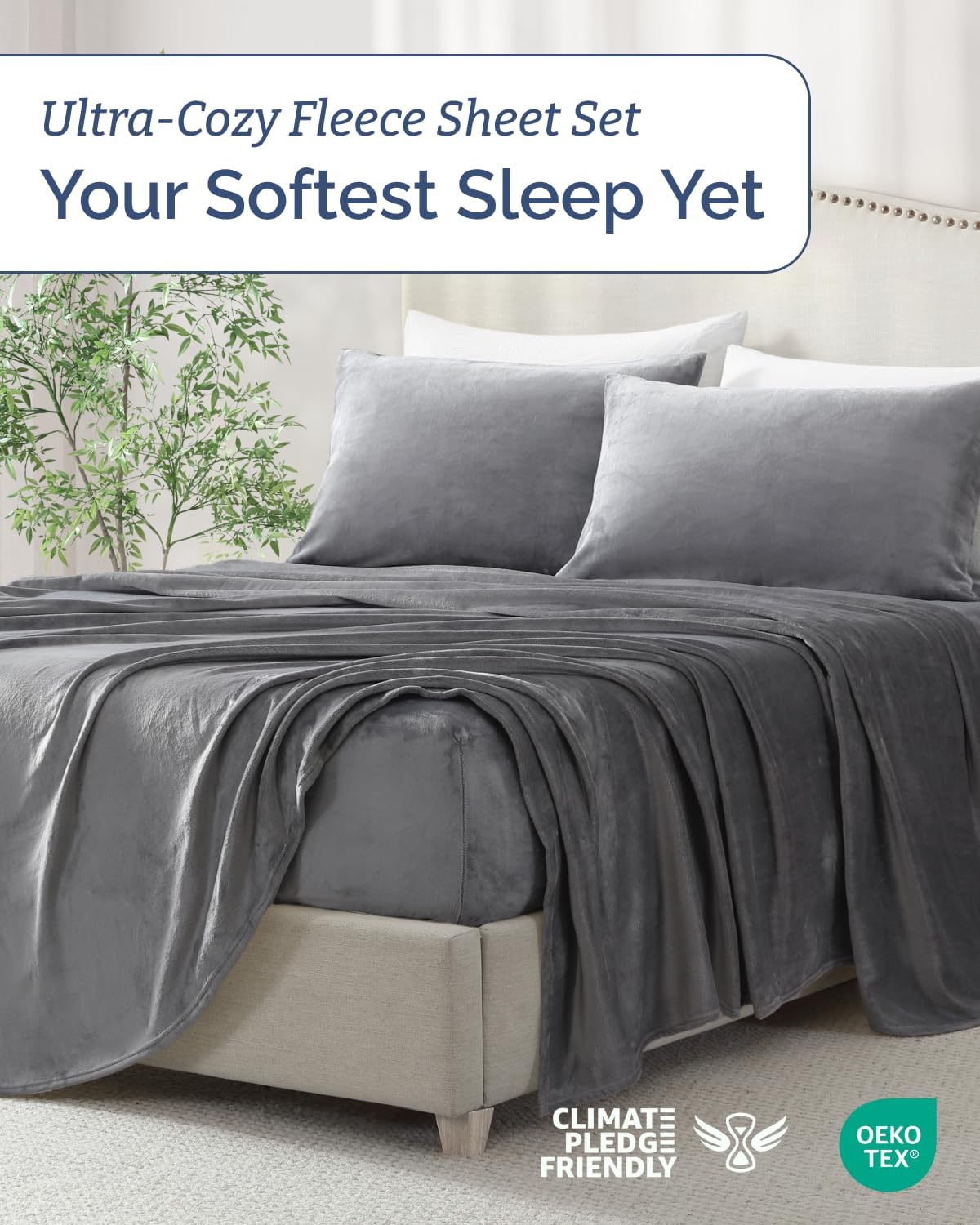 Detalle 2 de CGK Unlimited Queen Fleece Sheet Set, Dark Gray, Deep Pockets