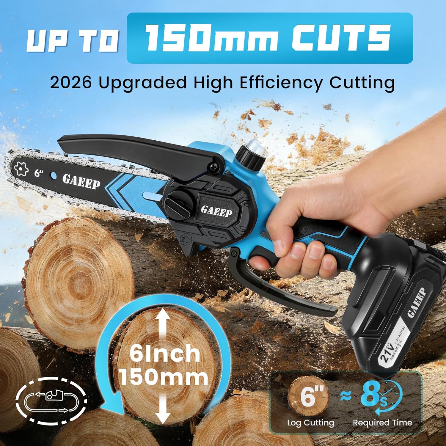 Detalle de GAEEP Mini Cordless Chainsaw 6 Inch with 2x3000mAh Batteries & Charger (800W)