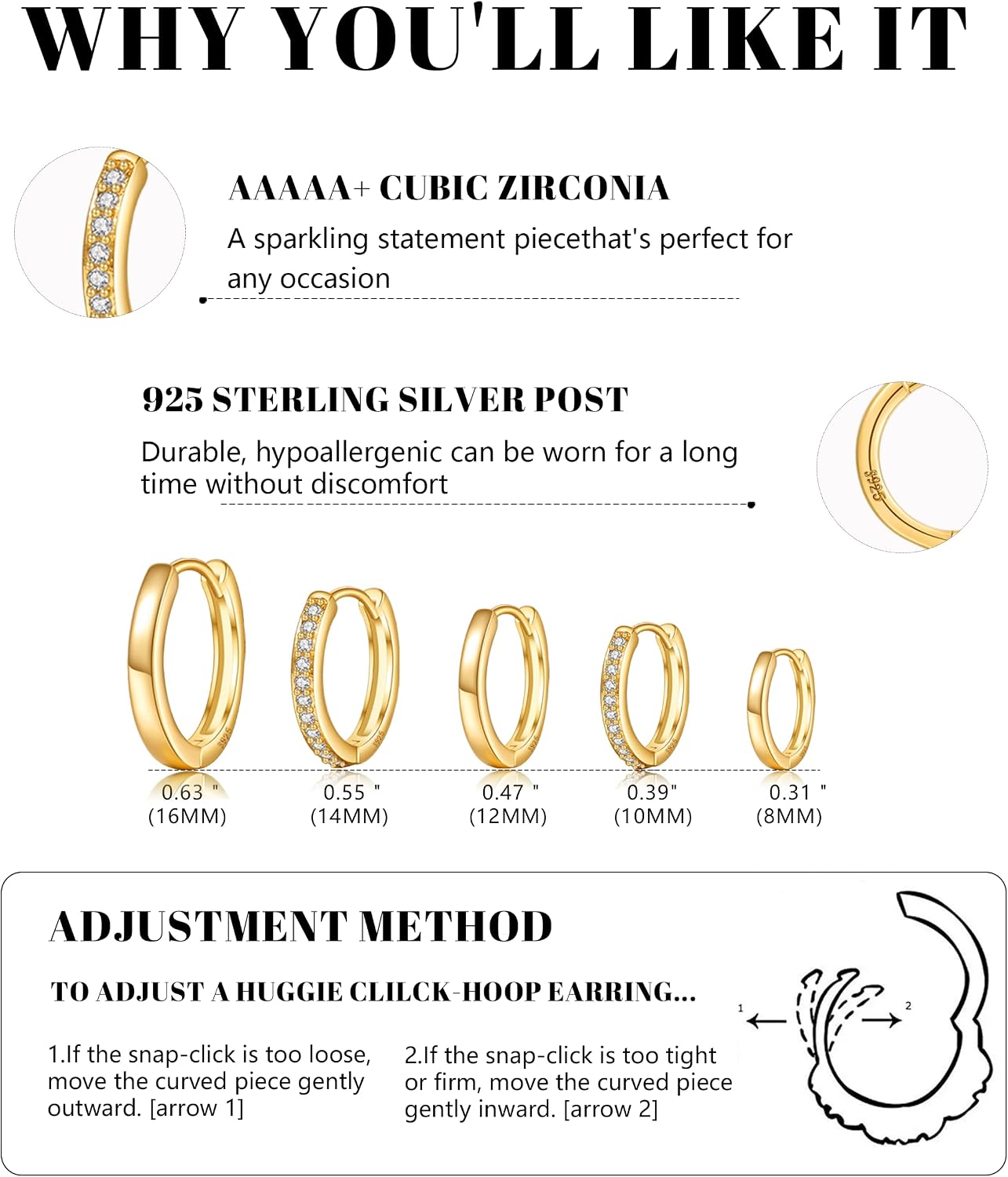 Detalle de JEMARA Gold Hoops Earrings – 5 Pairs of 14K Gold Plated Hypoallergenic Small Hoops
