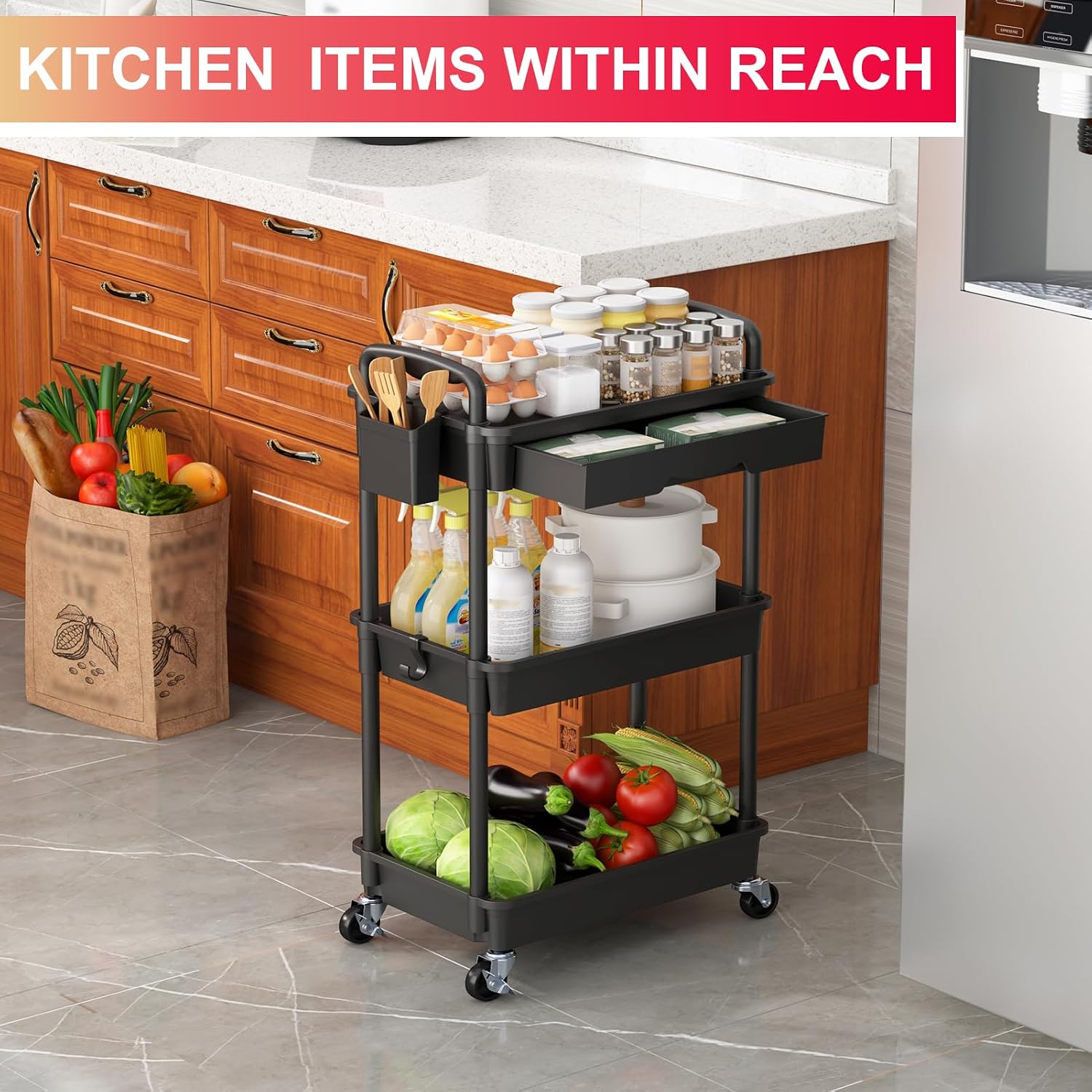 Thumbnail 6 de Goovilla GV-UC03B 3-Tier Rolling Utility Cart with Removable Drawer, Black