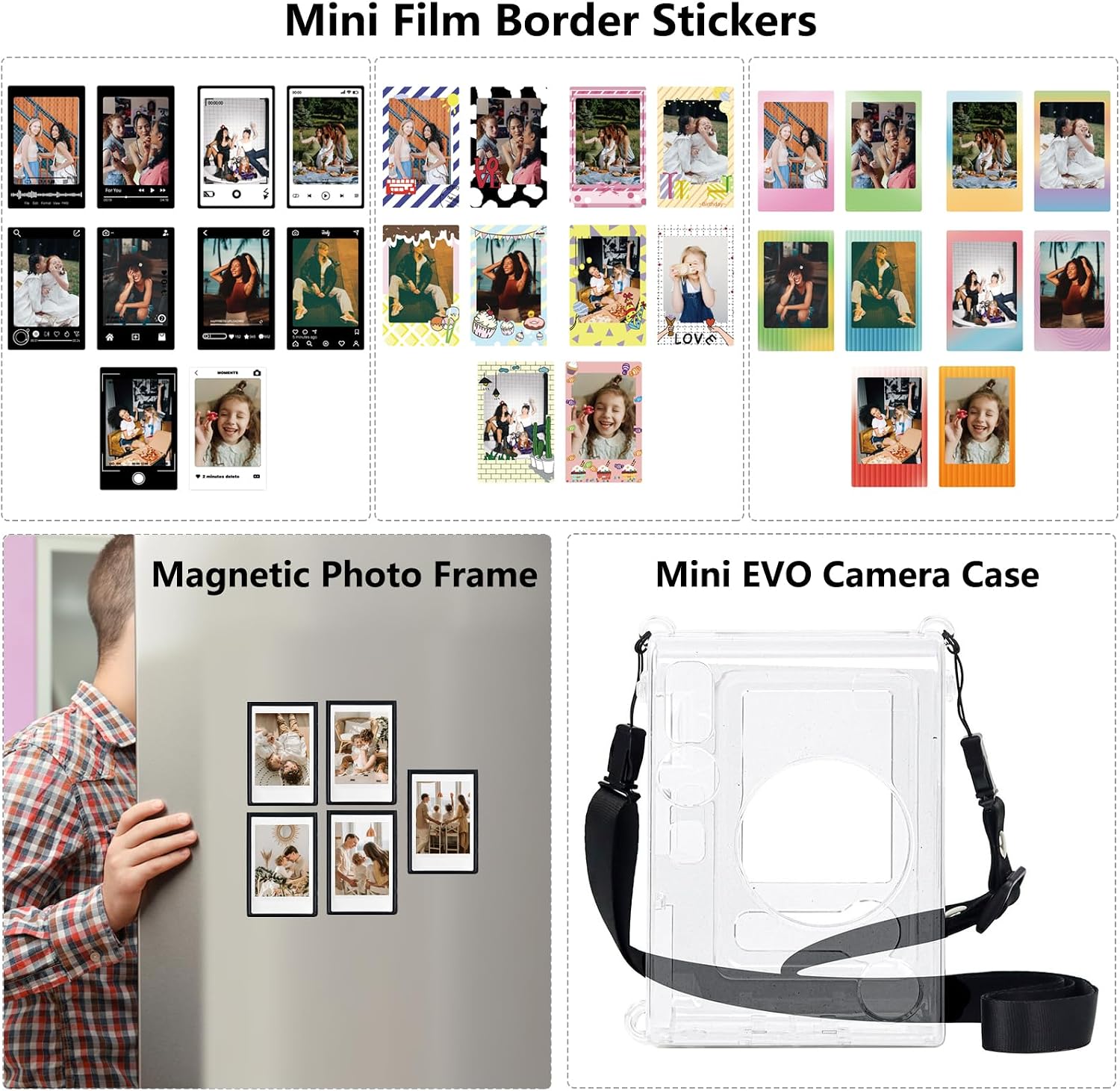 Thumbnail 3 de Clear Protective Case for Fujifilm Instax Mini EVO with Shoulder Strap, 5 Magnetic Photo Frames & 30 Film Border Stickers