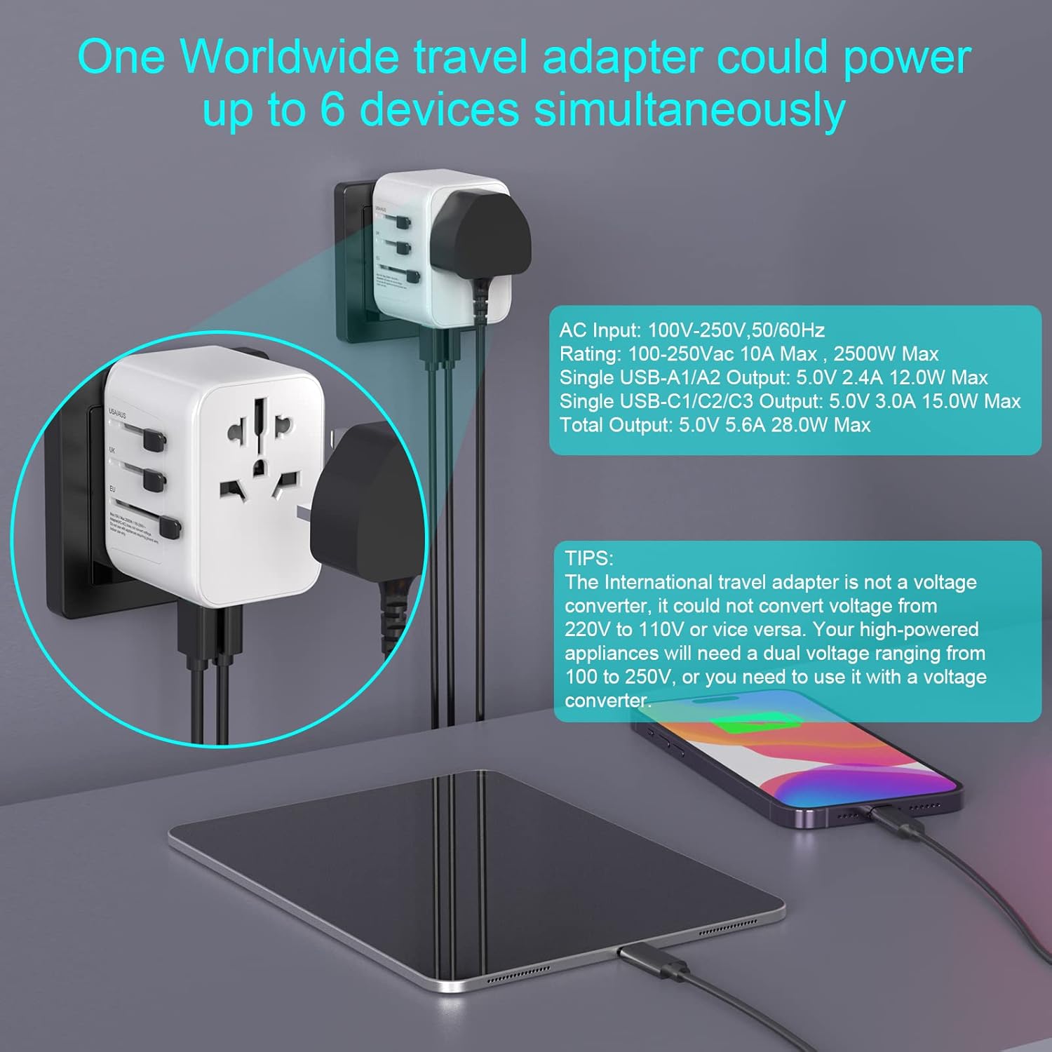 Thumbnail 2 de Diswoe Universal Travel Adapter: All-in-One World Plug with 2 USB A and 3 USB C Ports