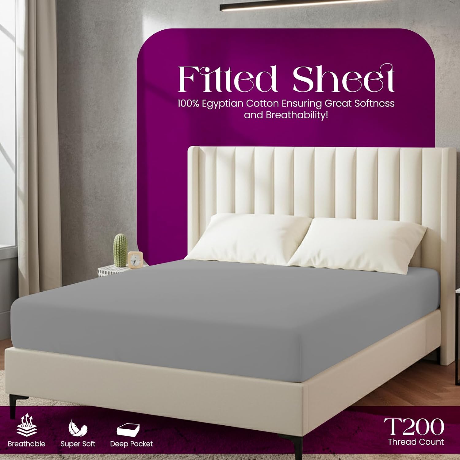 Detalle 2 de Linens World Egyptian Cotton 4FT Fitted Sheet: Breathable, Anti-Wrinkle Deep Pocket 30cm