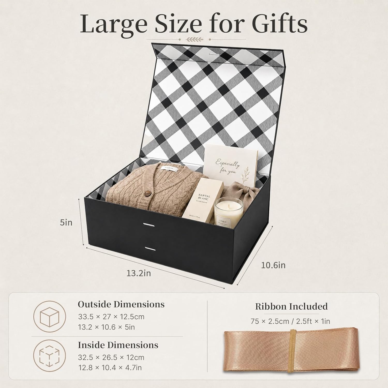Detalle 2 de Tekhoho Black Large Gift Box 33.5x27x12.5 cm – Premium Magnetic Lid Gift Box with Plaid Lining