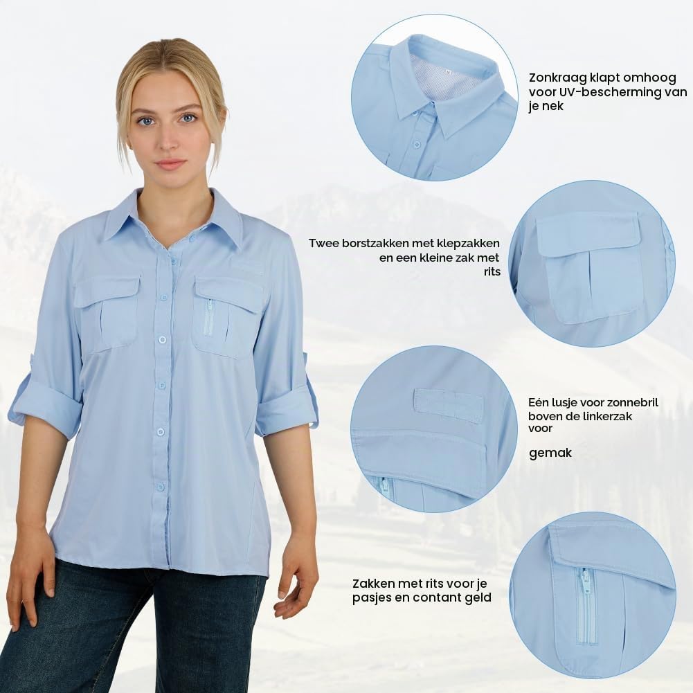 Detalle de BSBUY UPF50+ damesblouse voor trekking met meshventilatie en oprolbare mouwen