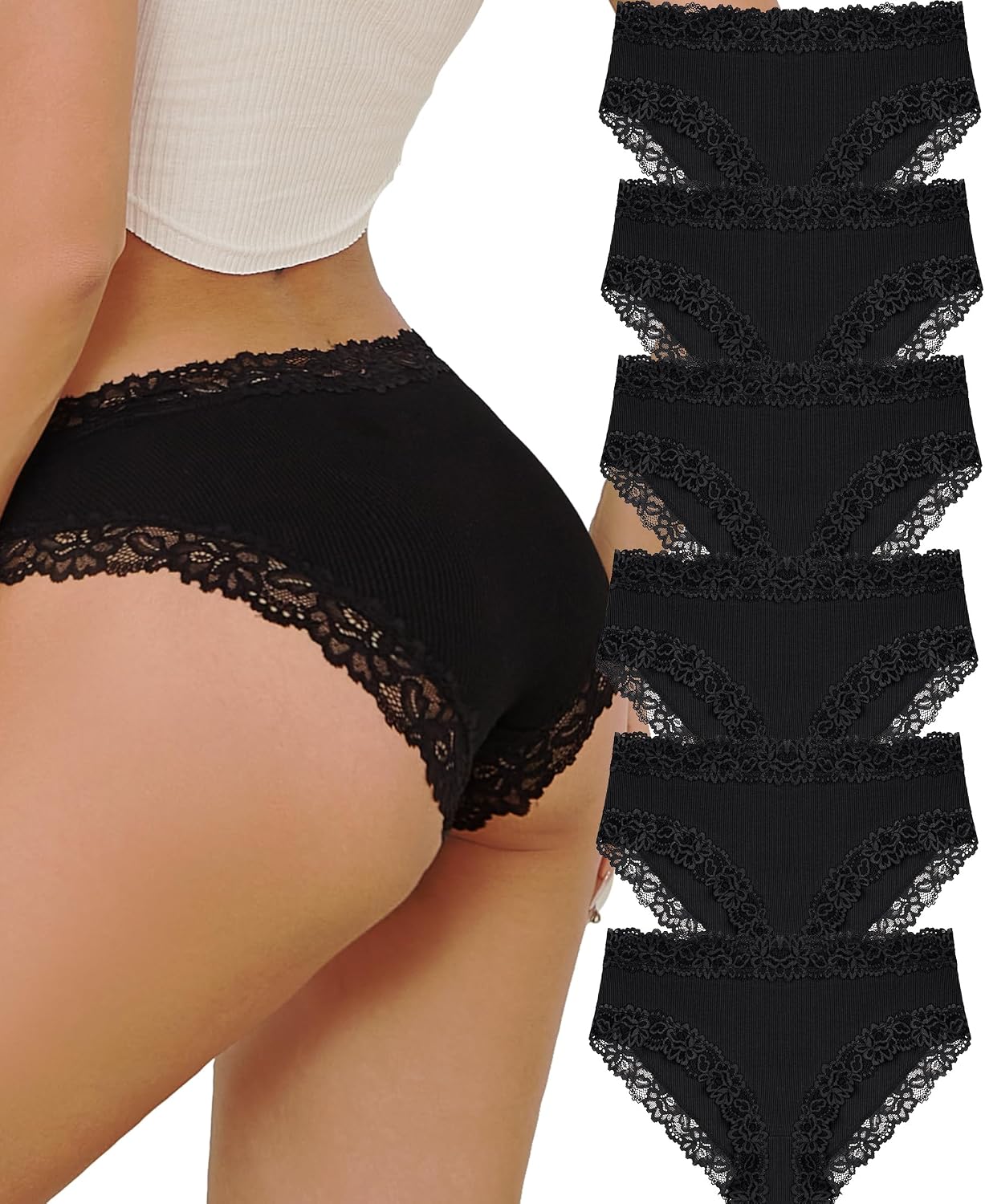 Detalle de Knowyou Cotton Bikini Panties for Women, Low-Rise Lace Waist, 95% Cotton