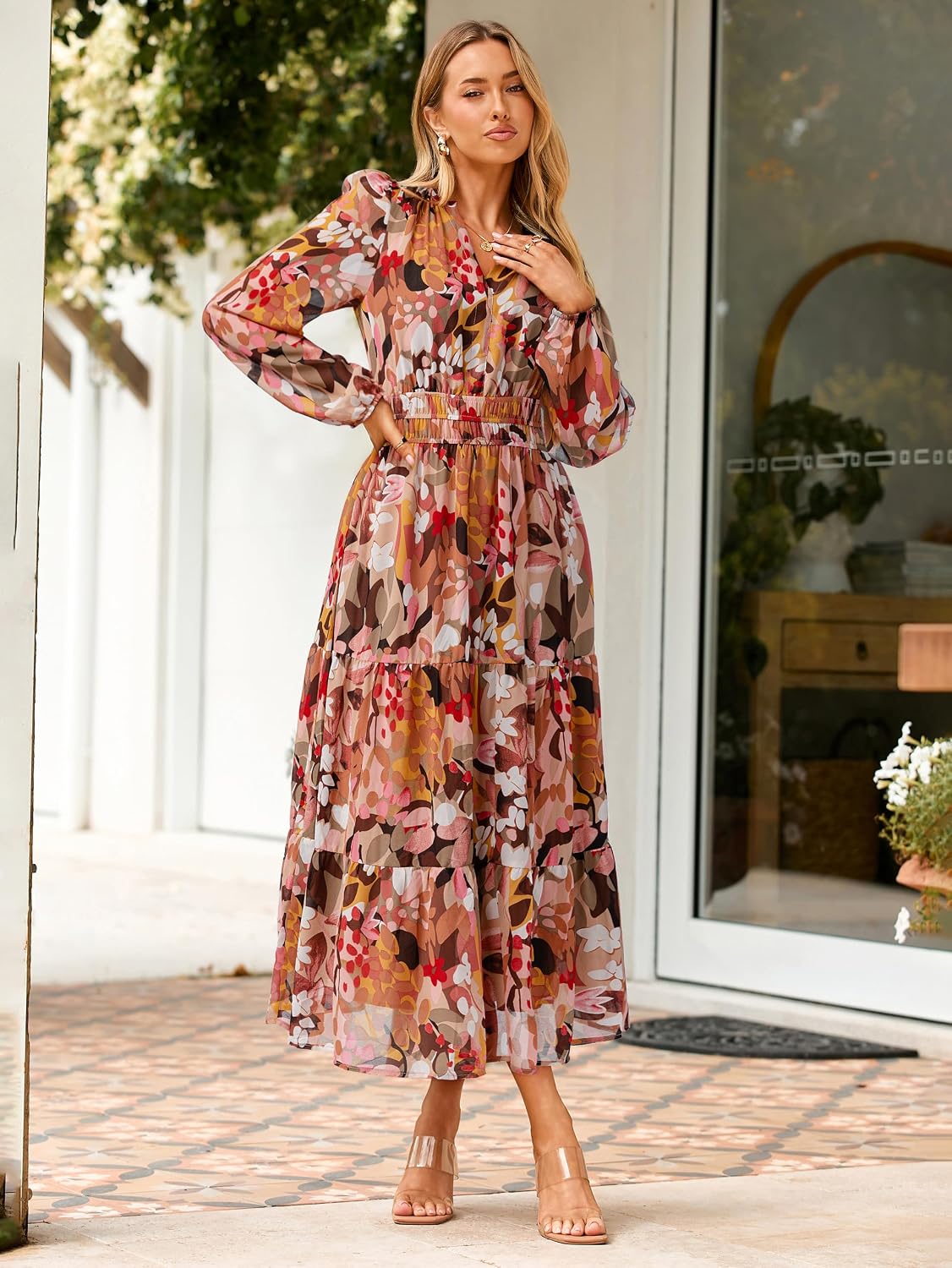 Detalle de Simplee Women's Floral Boho Maxi Dress with Long Sleeves and Empire Waist