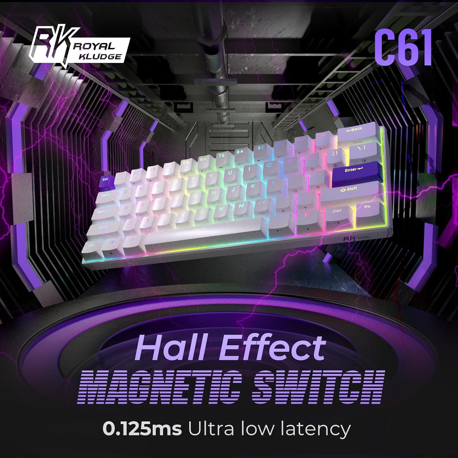 Detalle de RK ROYAL KLUDGE C61 HE Gaming Keyboard: 60% Hall Effect Magnetic Switches, 8000Hz, RGB, White Purple