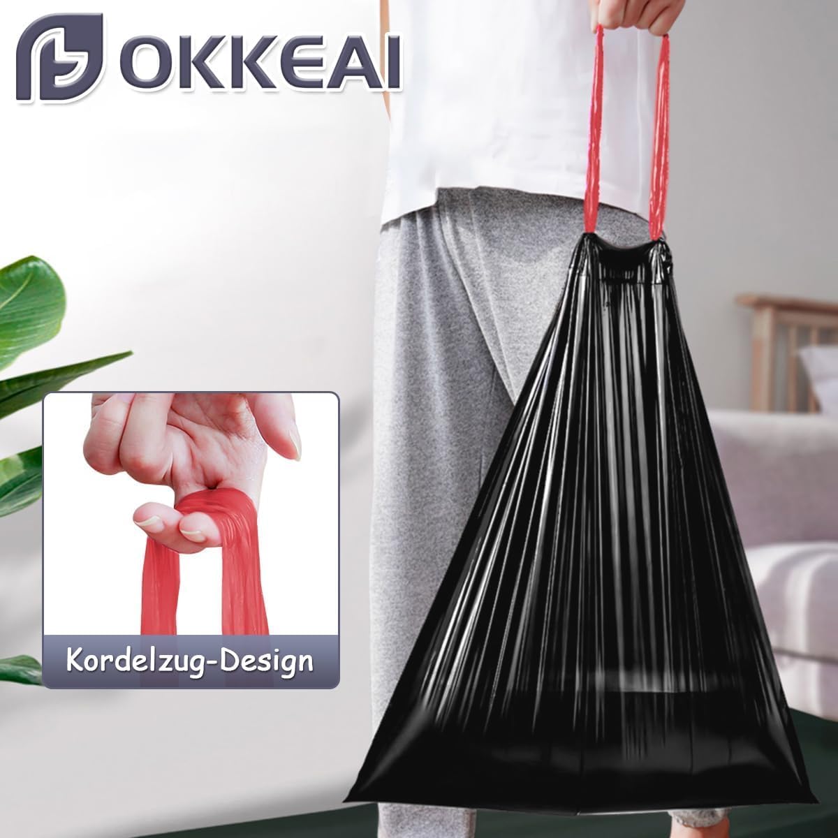 Detalle 2 de OKKEAI Schwarz Müllbeutel 15L mit Zugband – 75 Stück (Größe L, 60 x 50 cm)