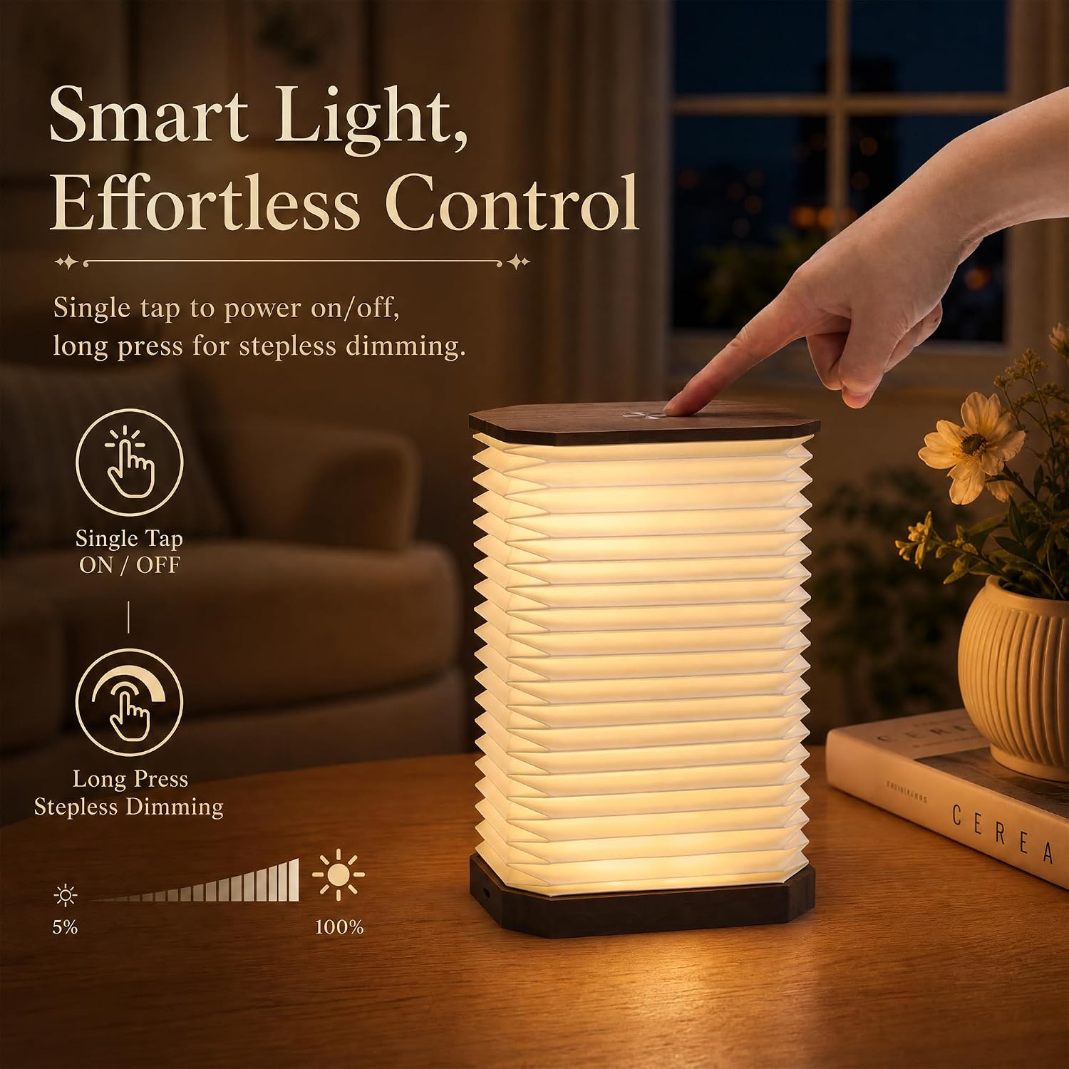Detalle 2 de Ba suns OL-1-B Folding Accordion Paper Lamp, Rechargeable Touch-Dimmable LED