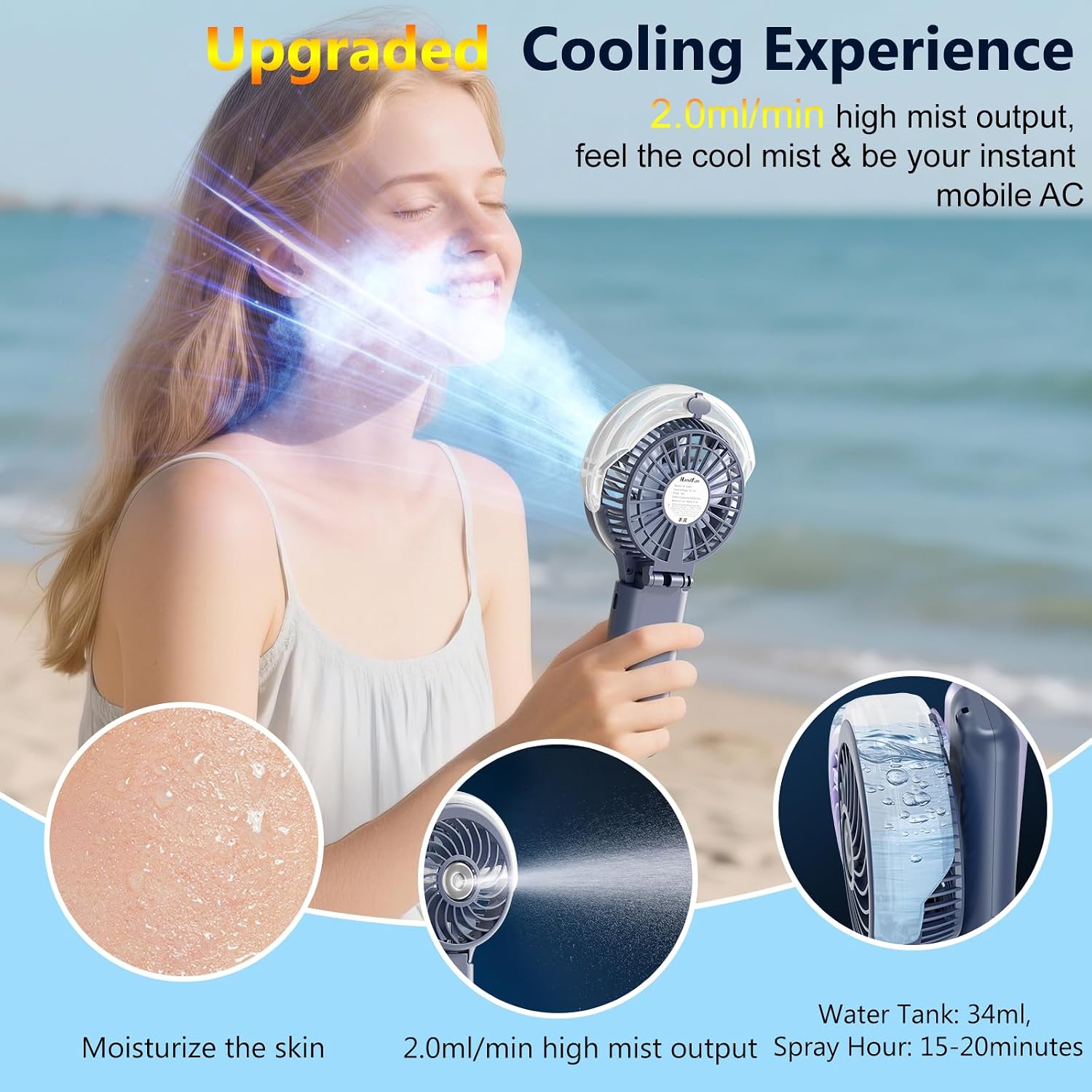 Detalle de HandFan 5200mAh Upgraded Handheld Misting Fan with Independent Fan & Mist Controls (Royal Blue)