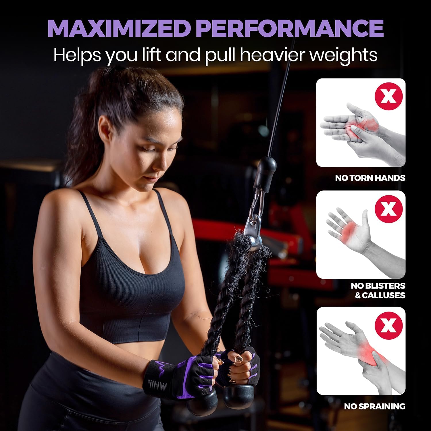 Detalle de MhIL B9417 Workout Gloves, Purple Silicone Grip, Padding and Wrist Wraps