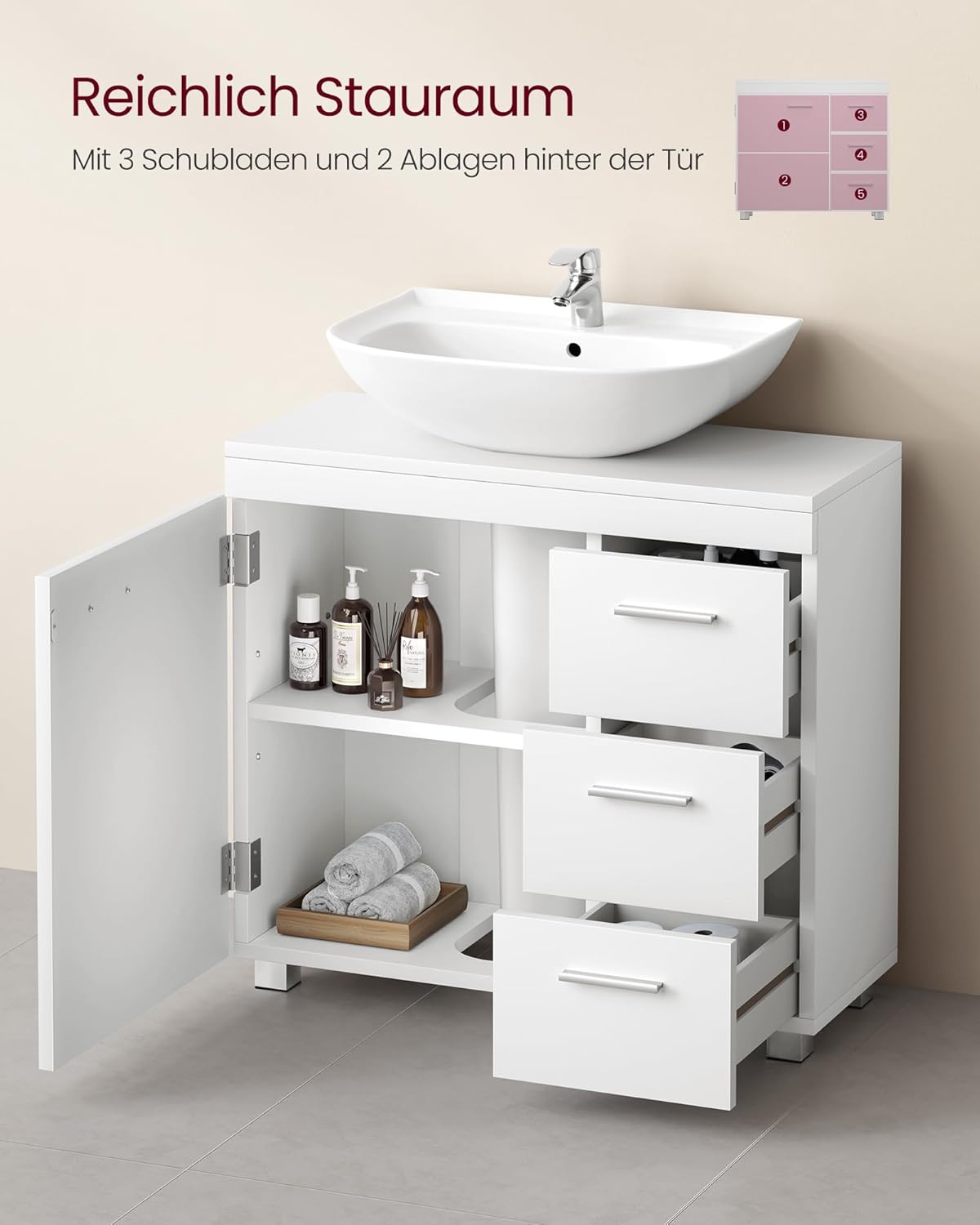 Thumbnail 4 de VASAGLE Waschbeckenunterschrank BBK504W01 mit 3 großen Schubladen, 2 Fächern und Füßen (30 x 70 x 64 cm)