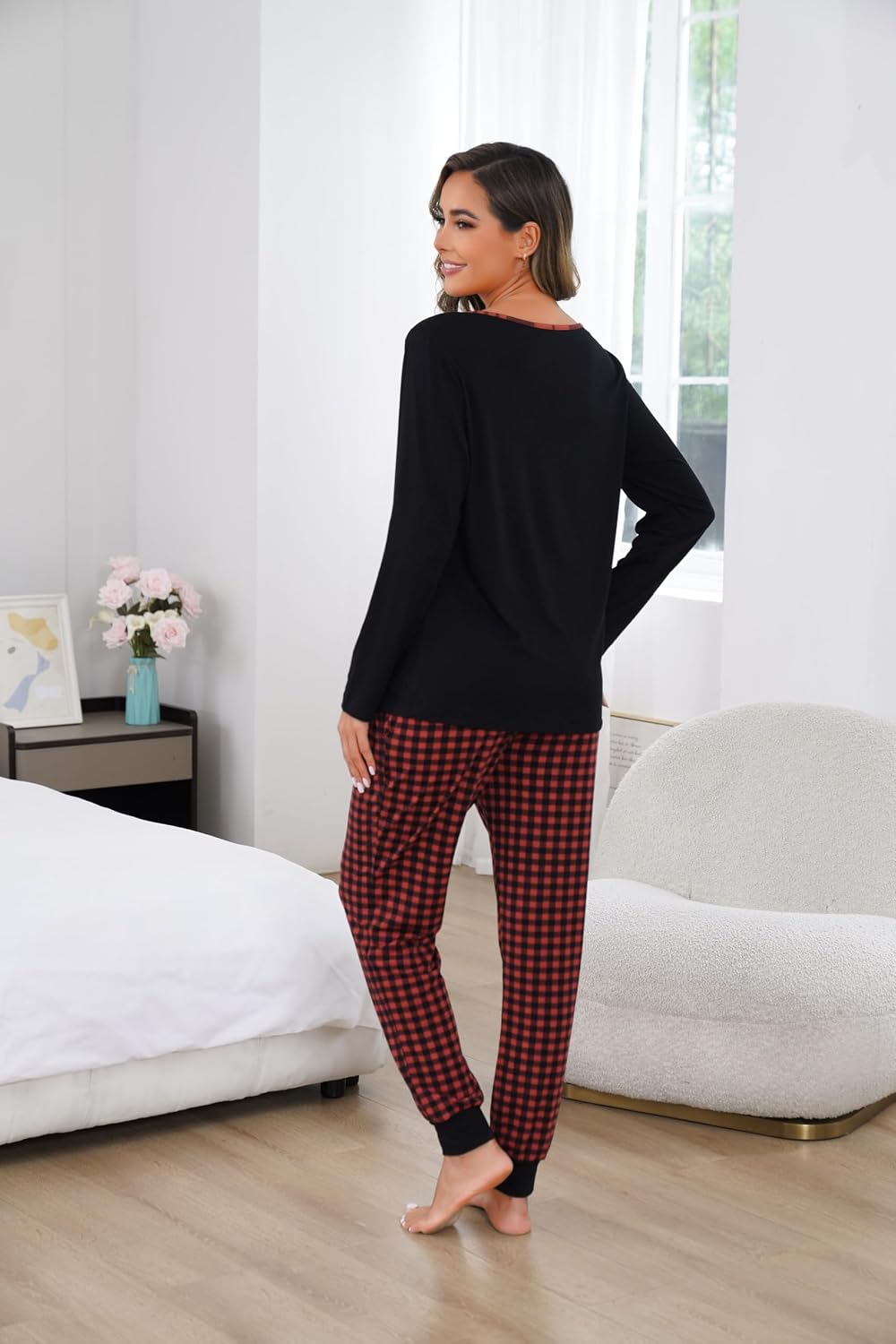 Thumbnail 2 de Vlazom Damen Schlafanzug Lang Pyjama-Set mit V-Ausschnitt
