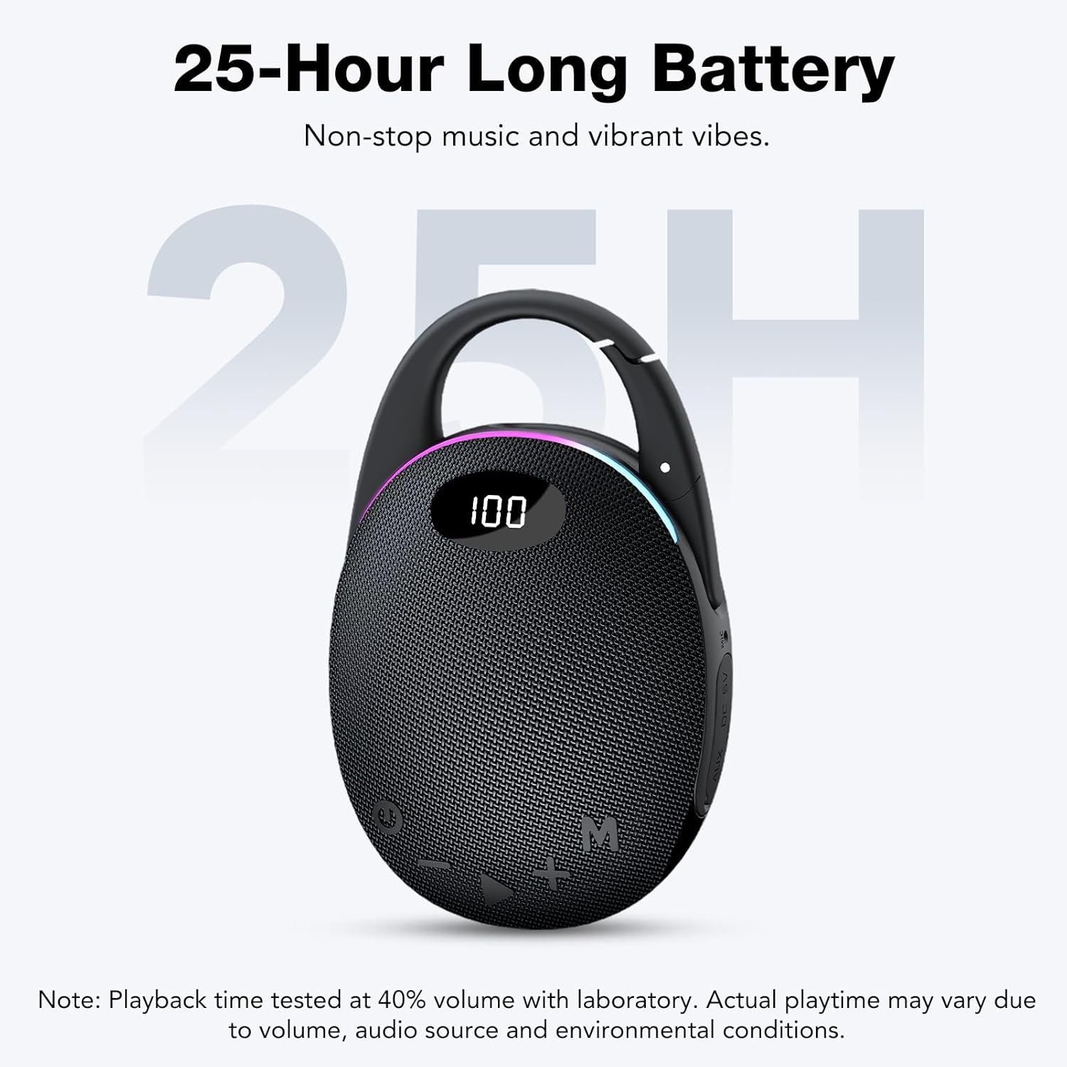 Detalle de Enceinte Bluetooth Ultra-Portable avec Écran LED et Mousqueton — 30W, IP68, RGB, 25H d’autonomie