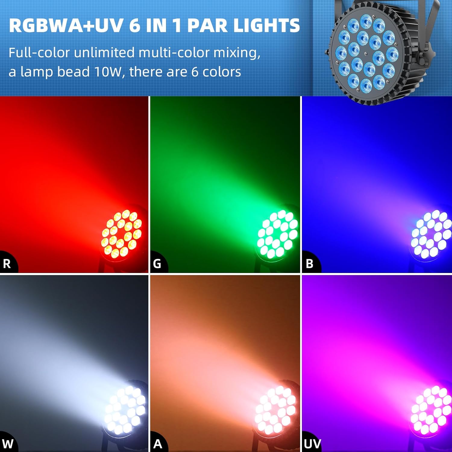 Detalle 2 de Ukfog RGBWA UV Focos Par LED 200W 🎉 Luces Escénicas Multifunción
