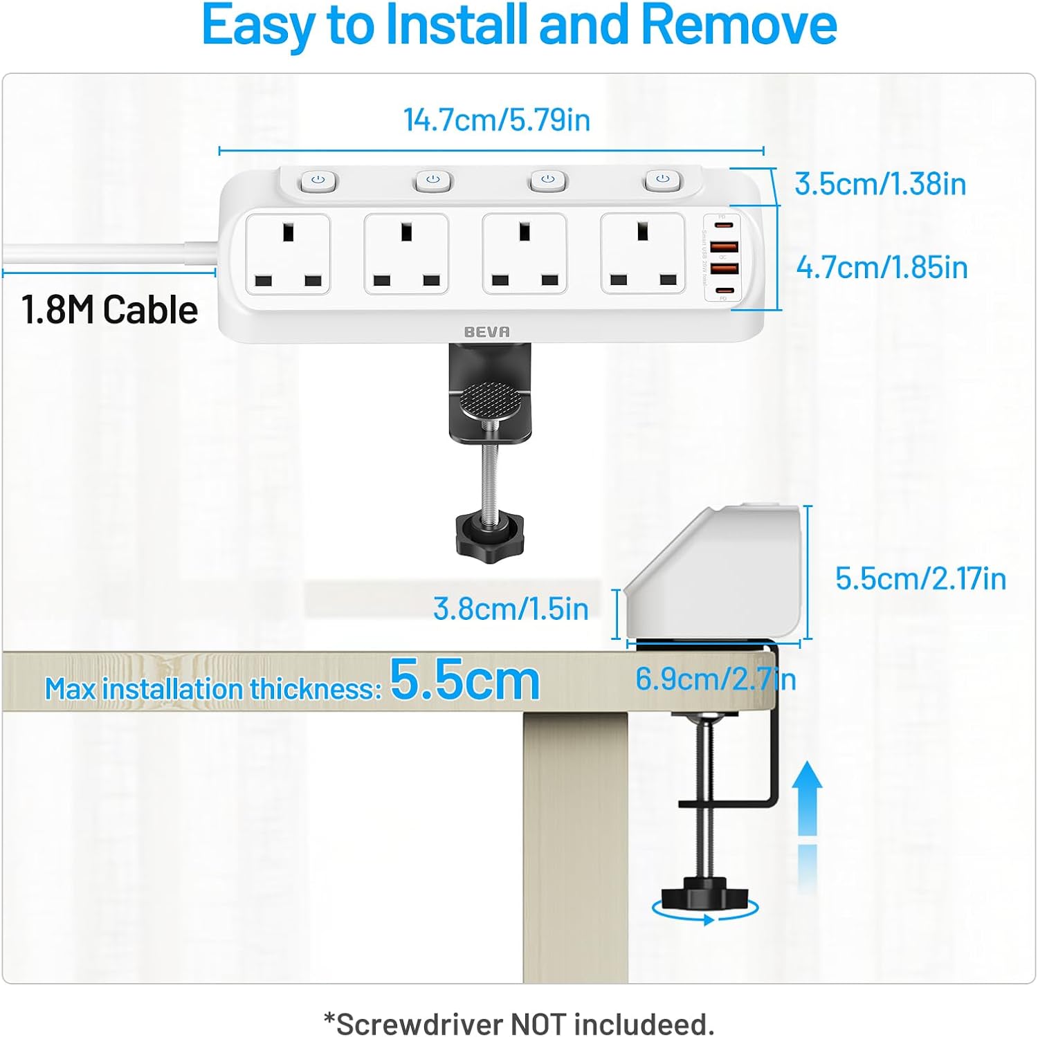 Thumbnail 6 de BEVA 4-Way Desk Extension Lead with Surge Protection and 4 USB Ports (PD20W) – White, 1.8m